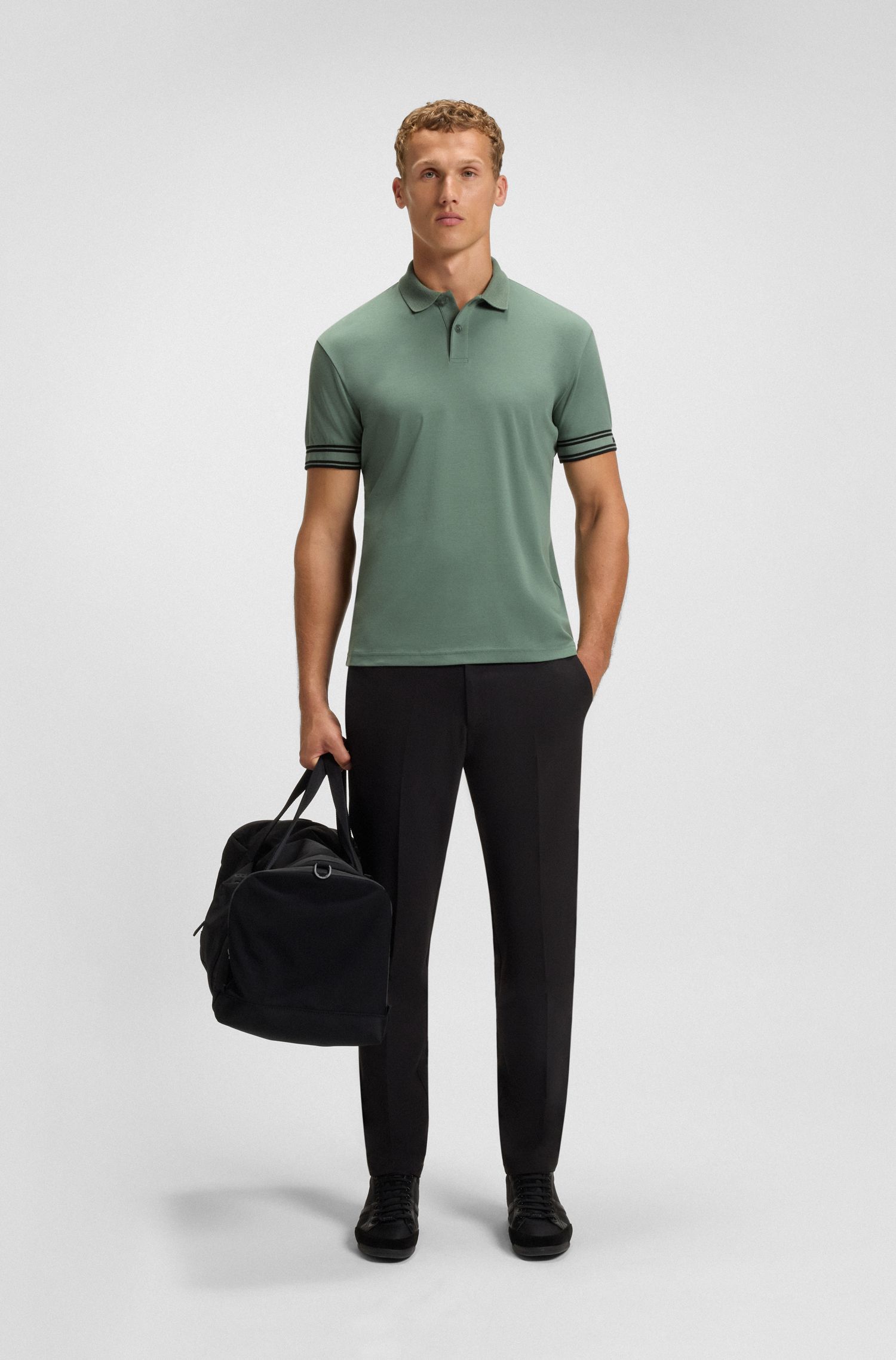 BOSS - Áo polo cotton cổ sọc dáng ôm