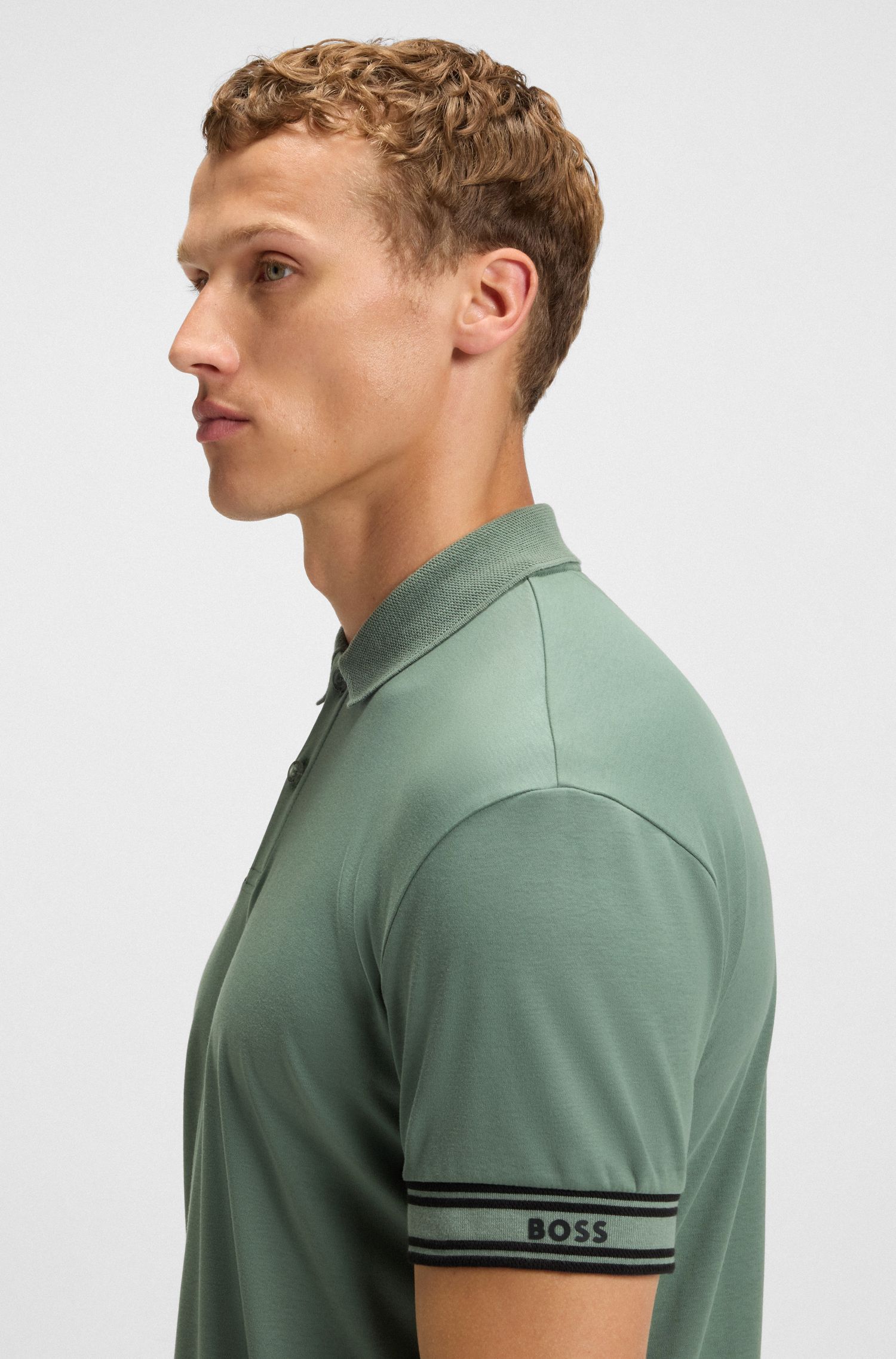 BOSS - Áo polo cotton cổ sọc dáng ôm