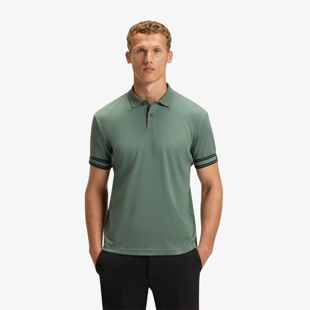 BOSS - Áo polo cotton cổ sọc dáng ôm