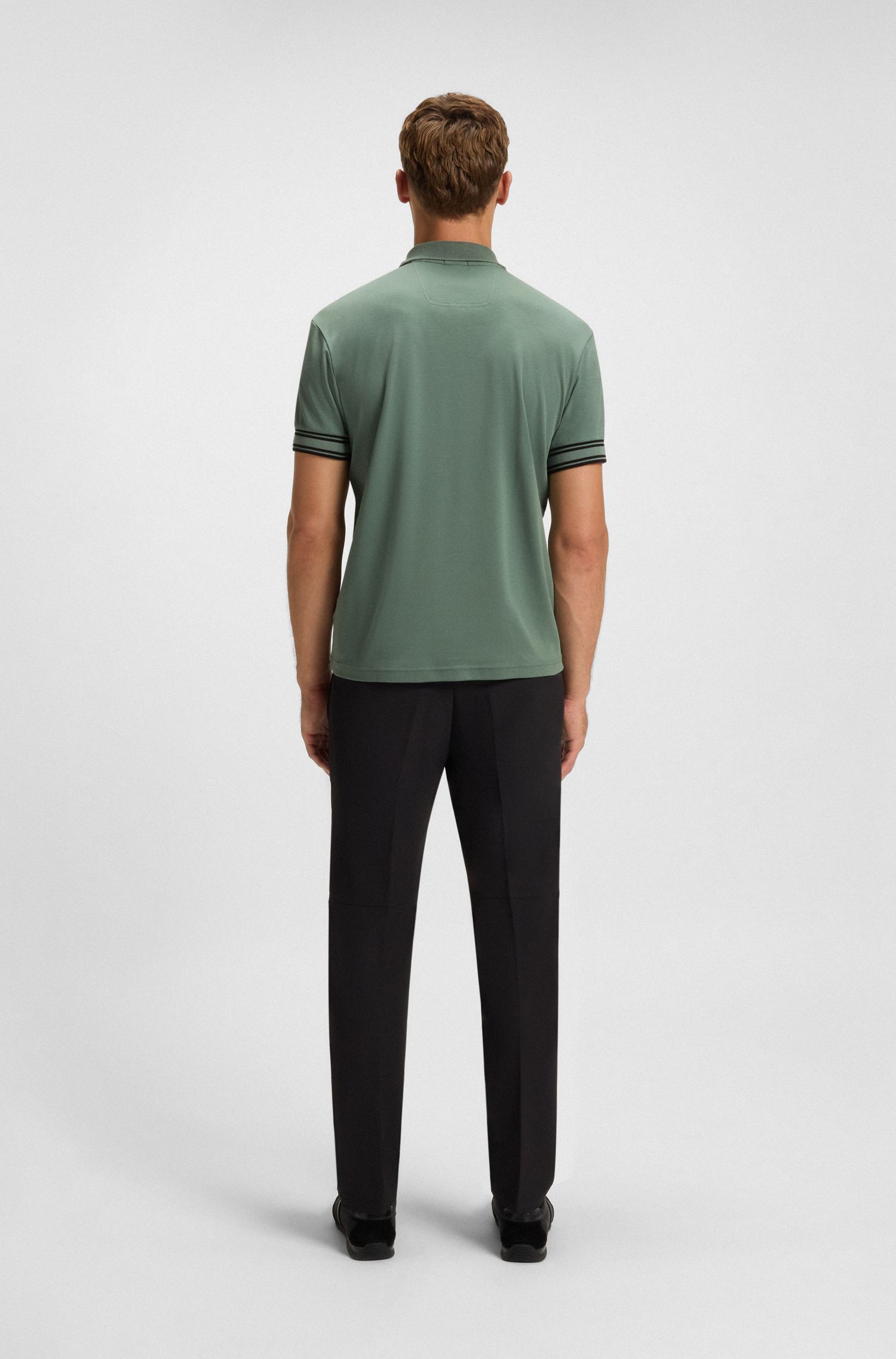 BOSS - Áo polo cotton cổ sọc dáng ôm