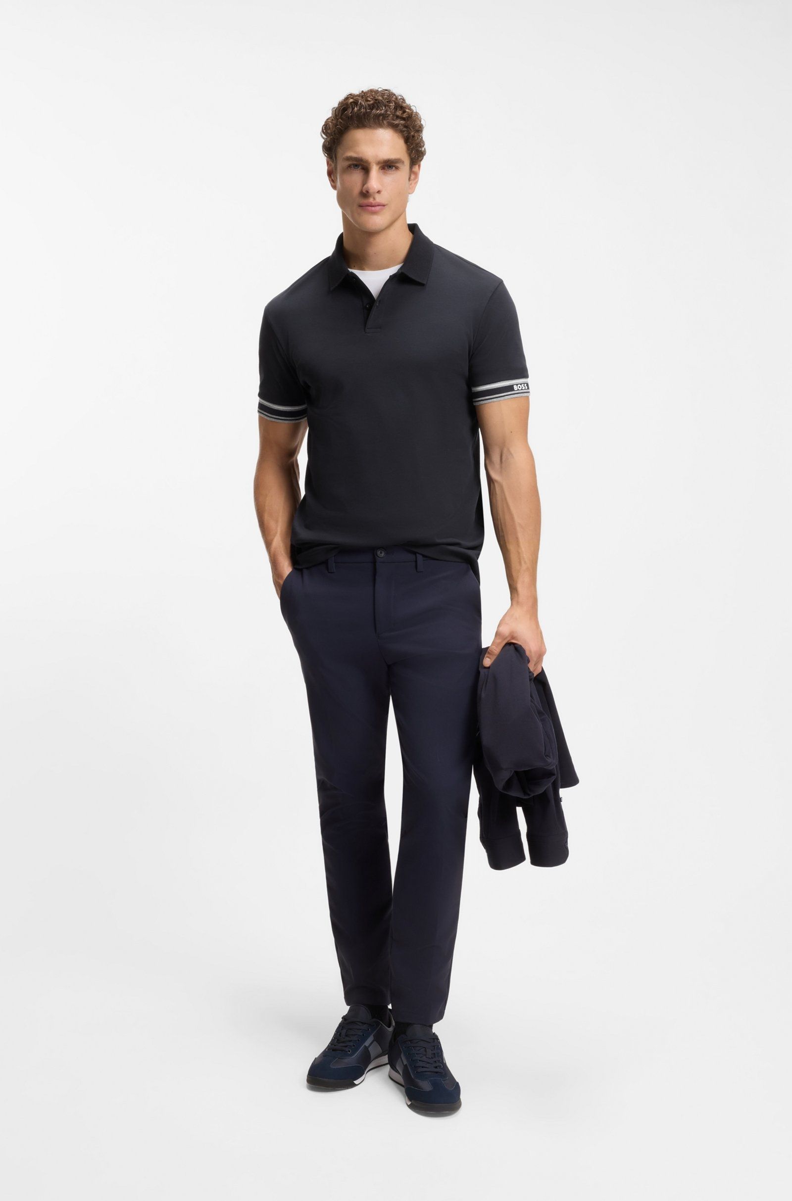 BOSS - Áo polo cotton cổ sọc dáng ôm