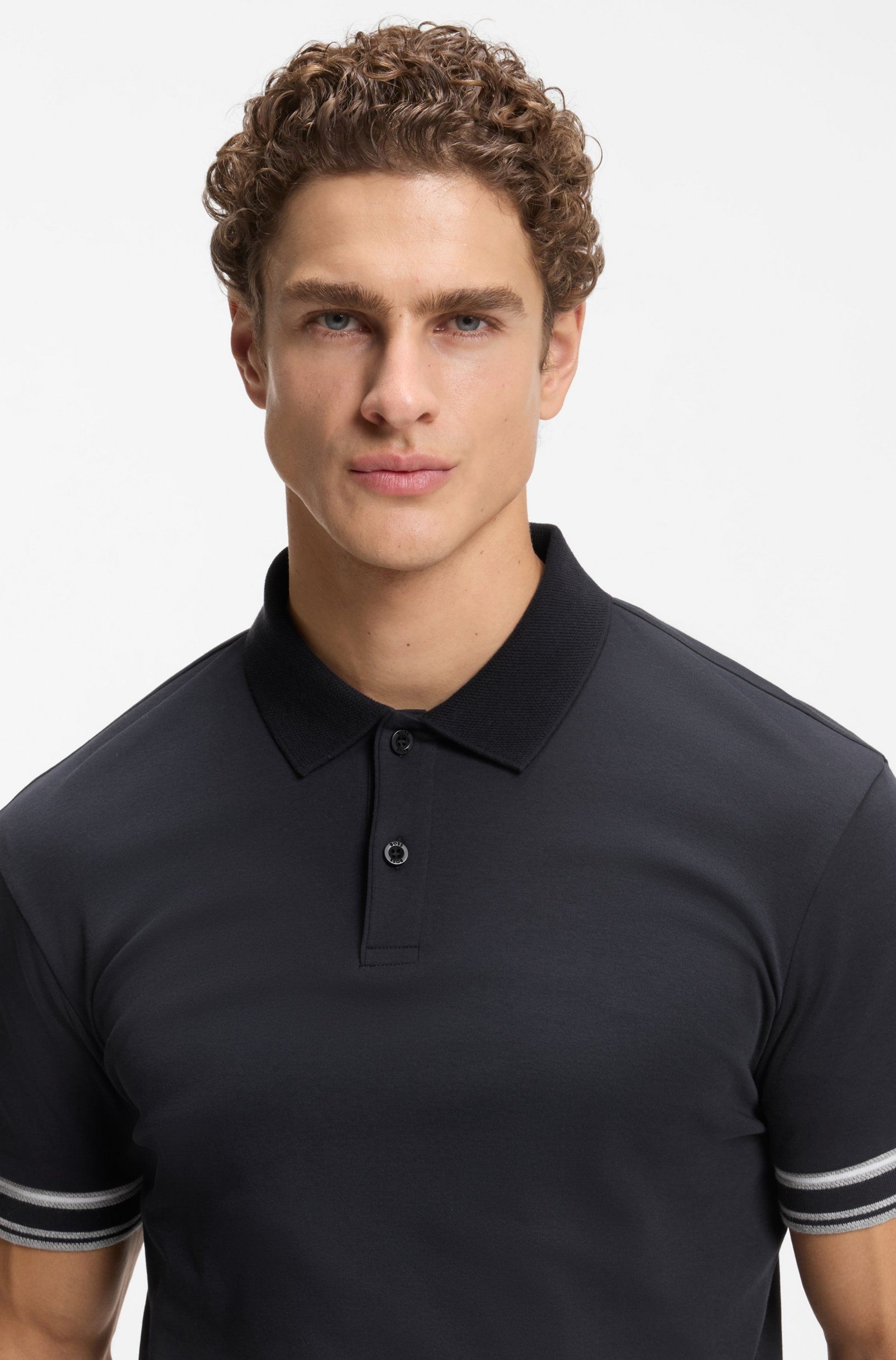 BOSS - Áo polo cotton cổ sọc dáng ôm