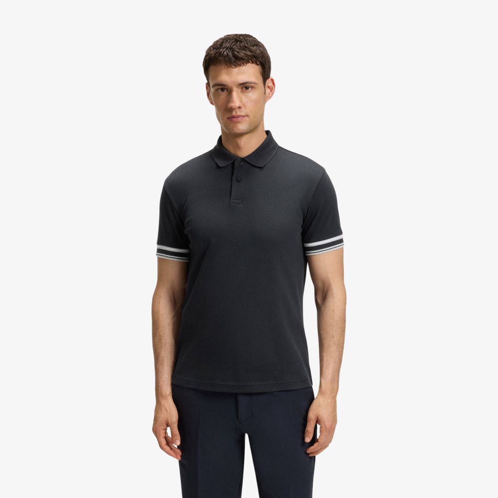 BOSS - Áo polo cotton cổ sọc dáng ôm