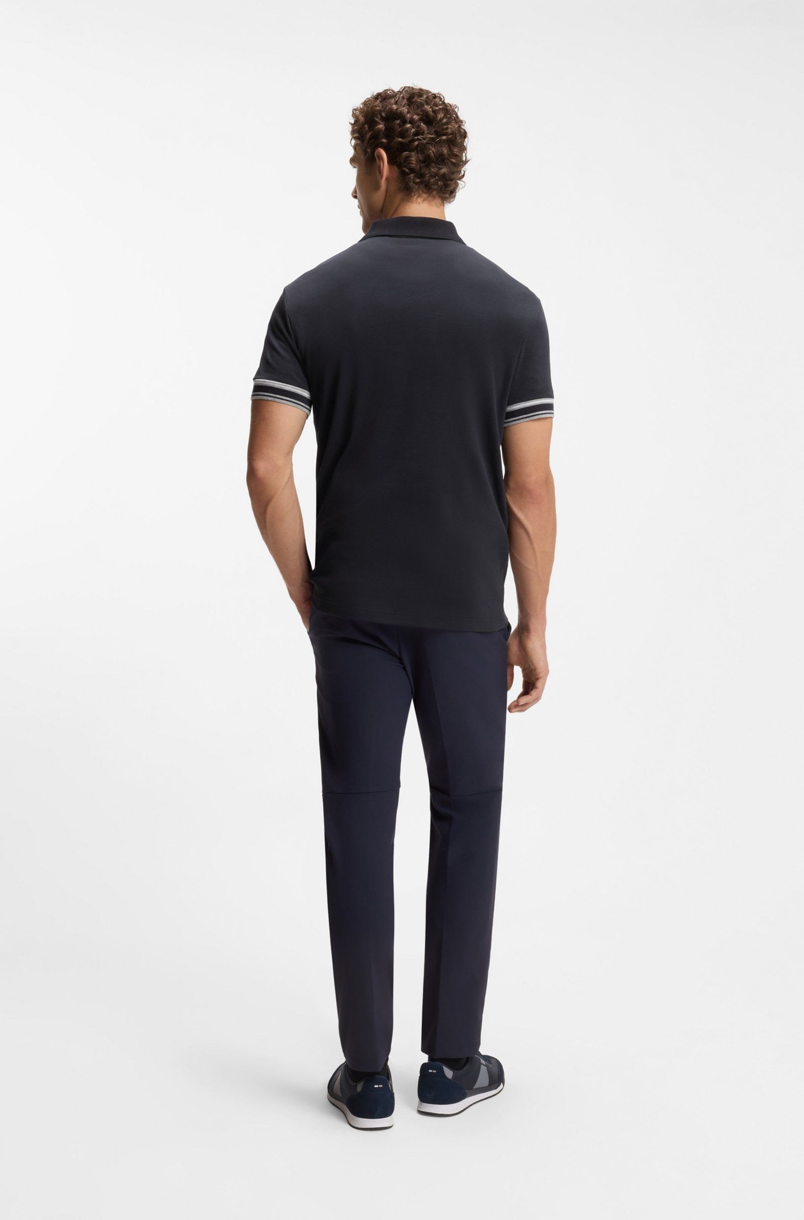 BOSS - Áo polo cotton cổ sọc dáng ôm