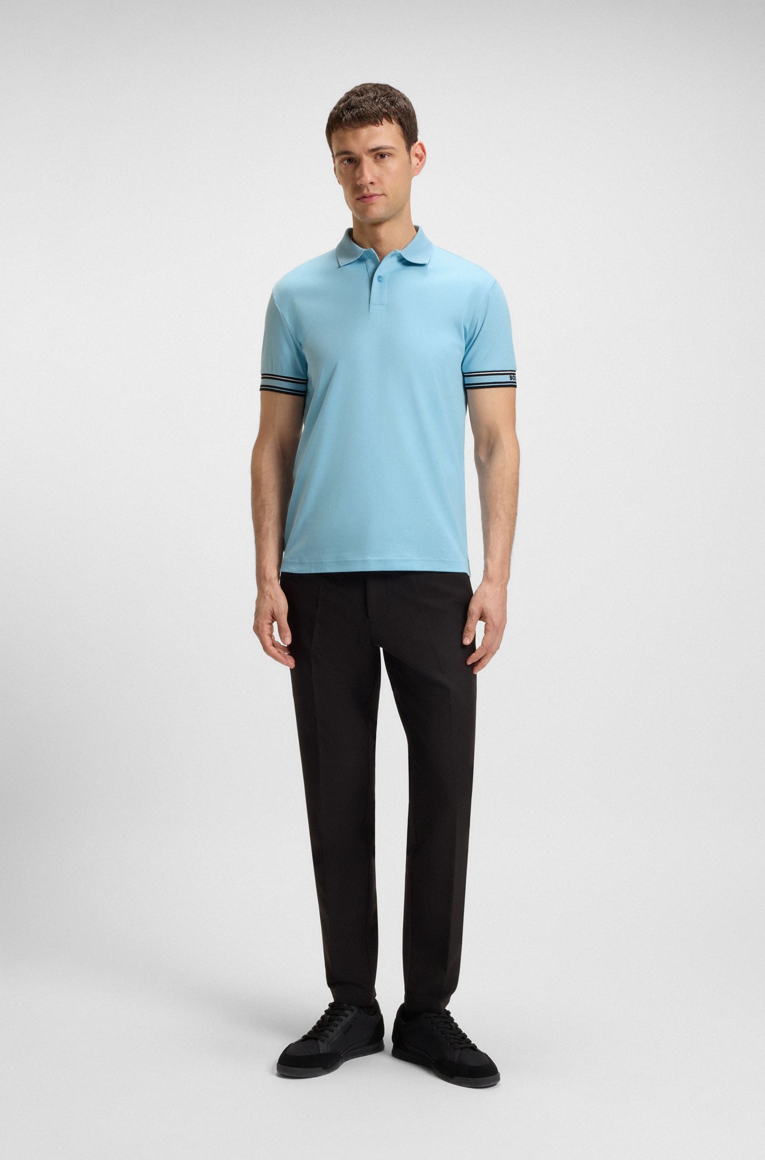 BOSS - Áo polo cotton cổ sọc dáng ôm