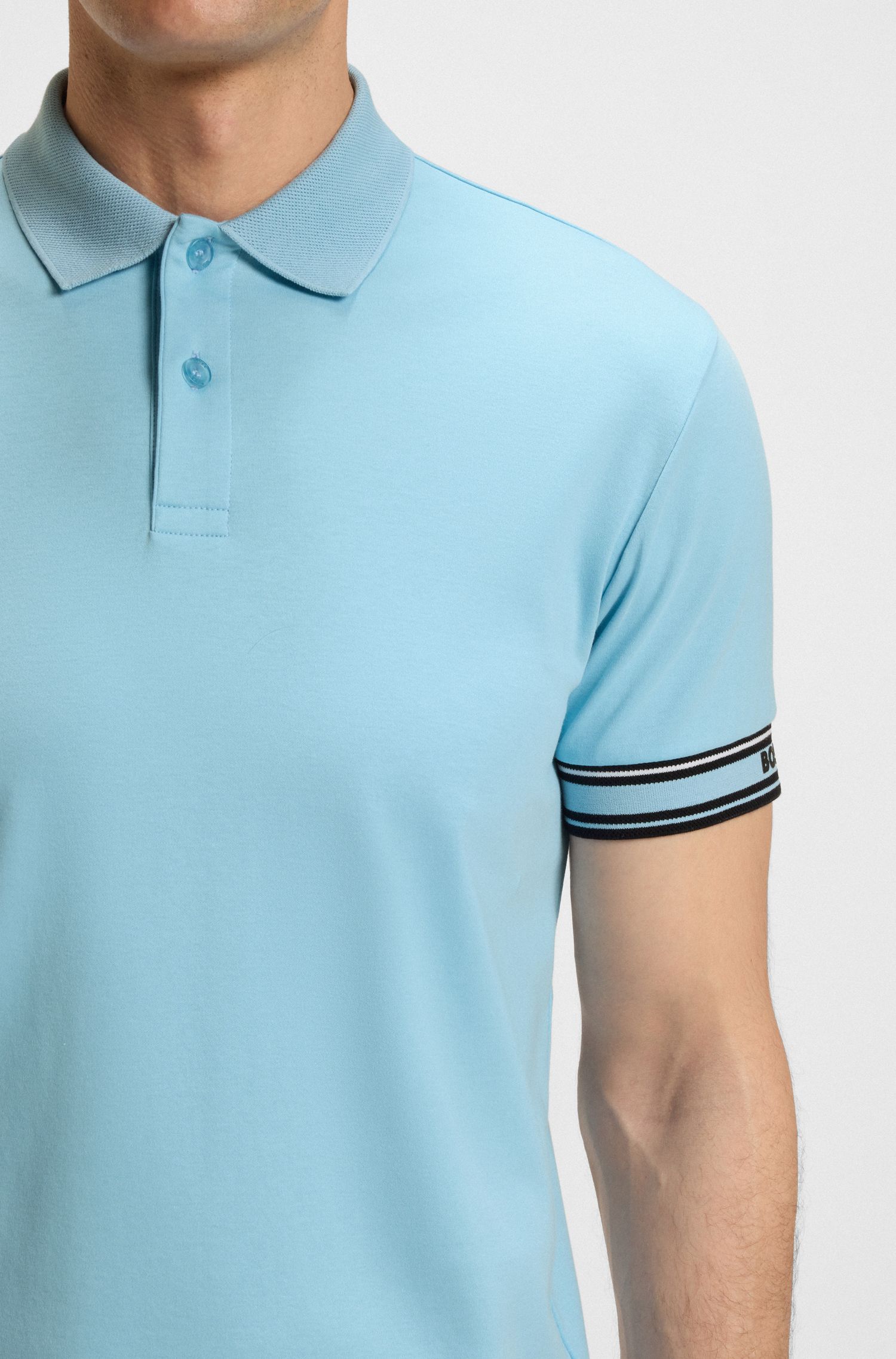 BOSS - Áo polo cotton cổ sọc dáng ôm