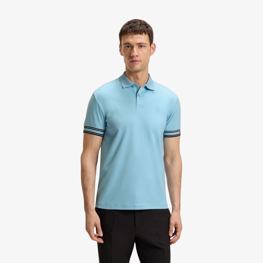 BOSS - Áo polo cotton cổ sọc dáng ôm
