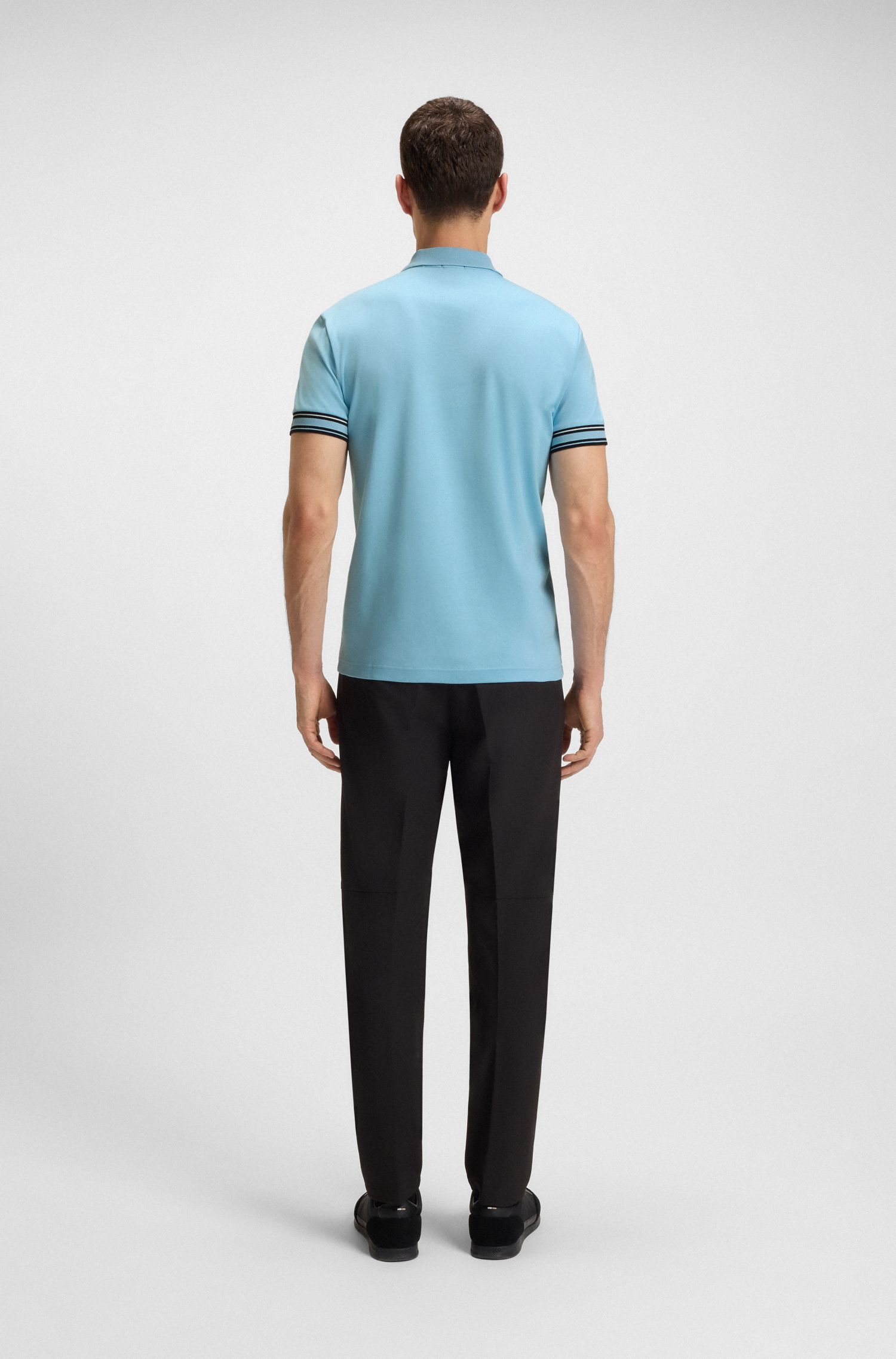 BOSS - Áo polo cotton cổ sọc dáng ôm
