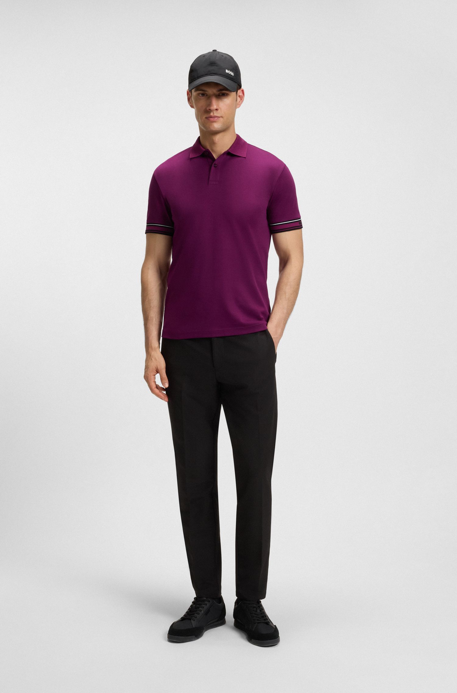 BOSS - Áo polo cotton cổ sọc dáng ôm