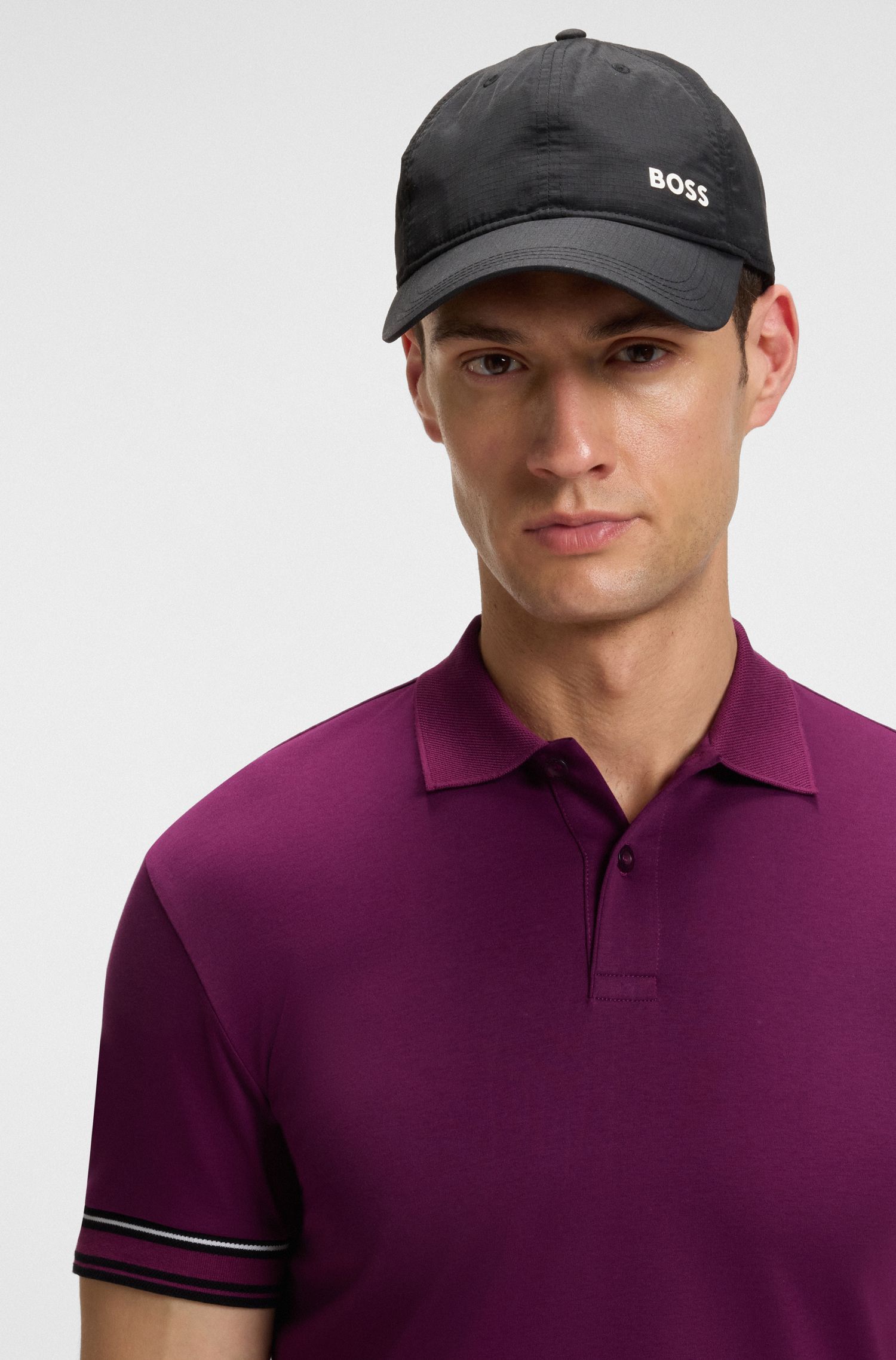 BOSS - Áo polo cotton cổ sọc dáng ôm