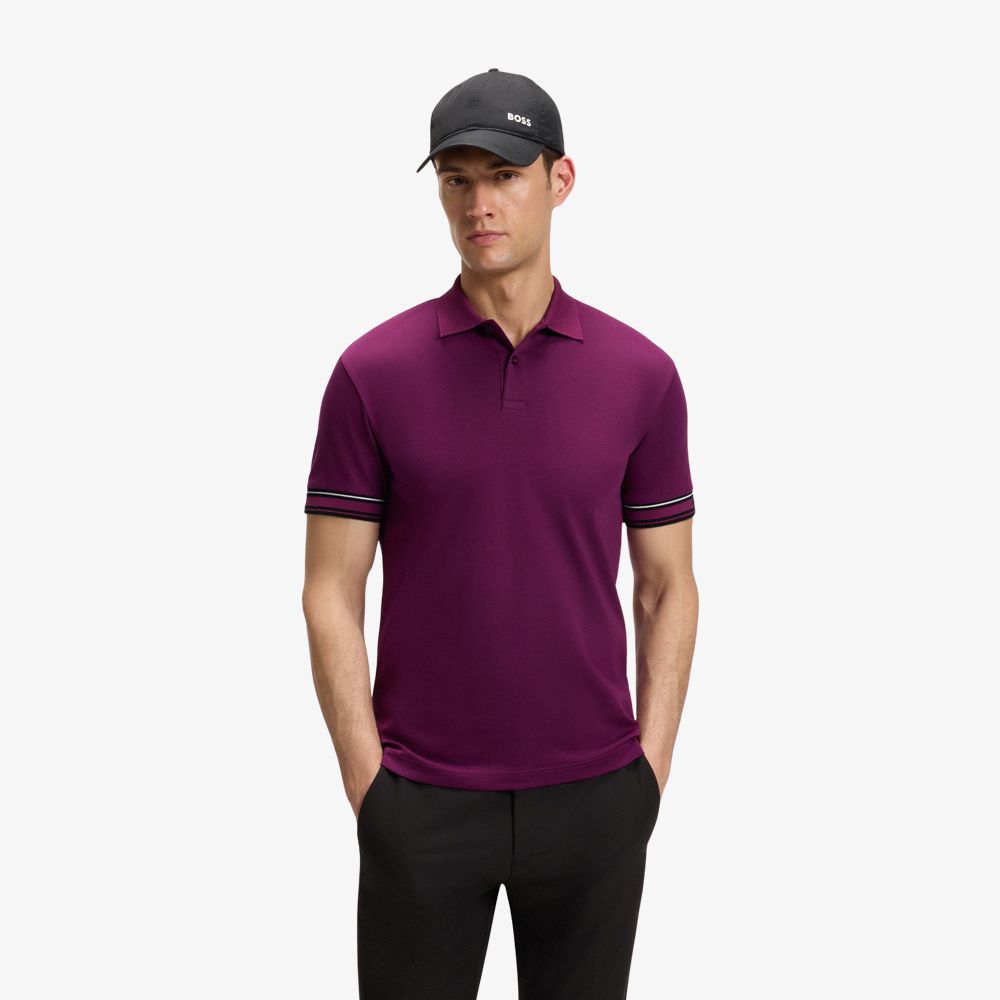 BOSS - Áo polo cotton cổ sọc dáng ôm