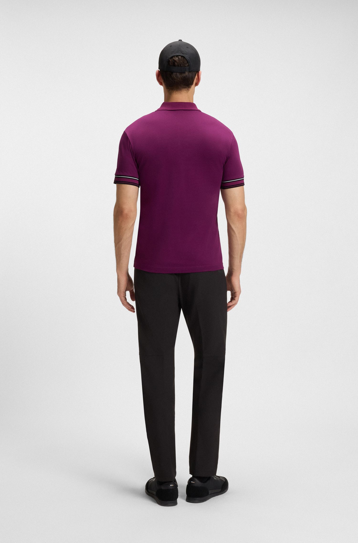 BOSS - Áo polo cotton cổ sọc dáng ôm