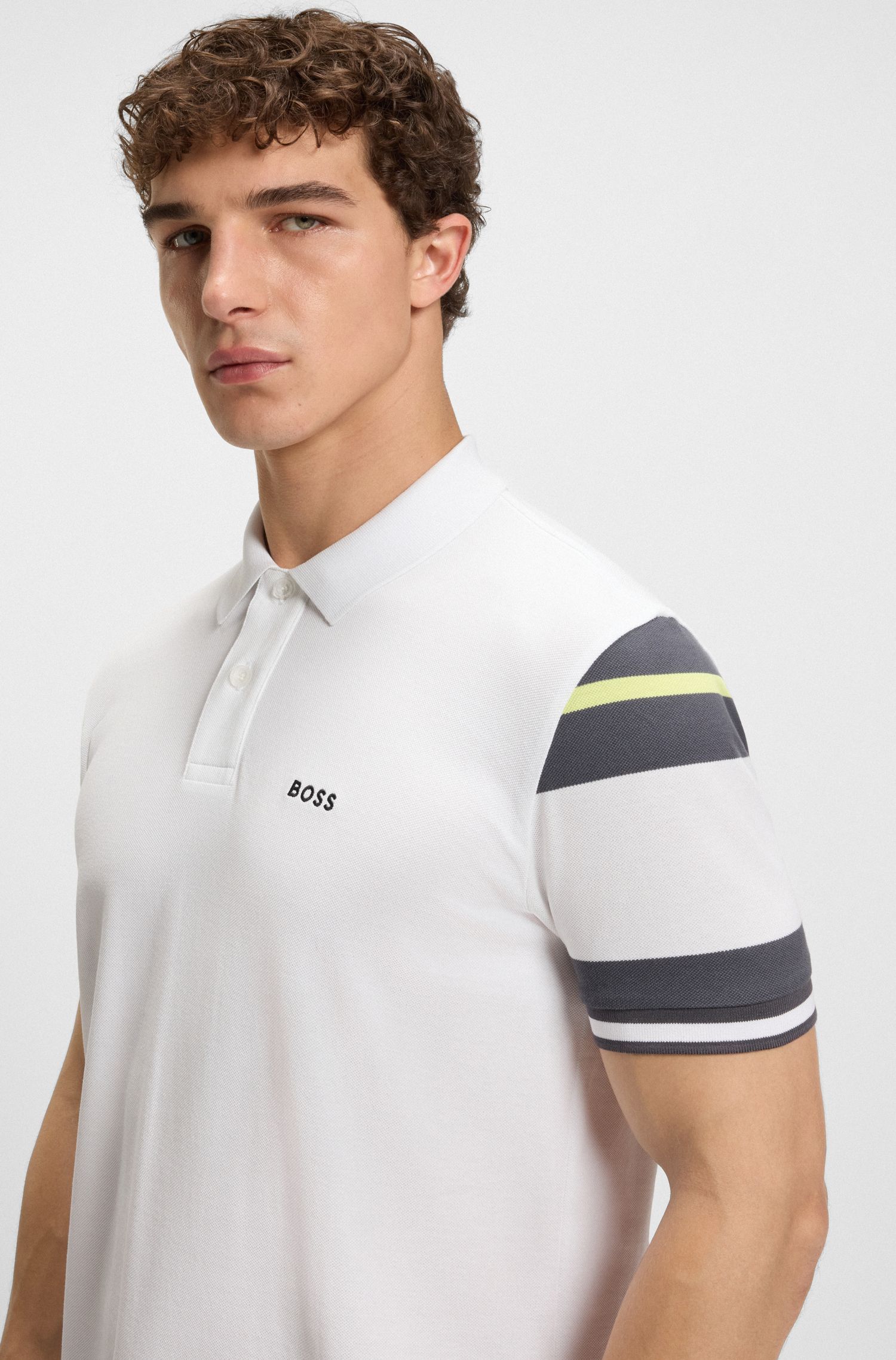 BOSS - Áo polo cotton regular-fit kẻ sọc khối