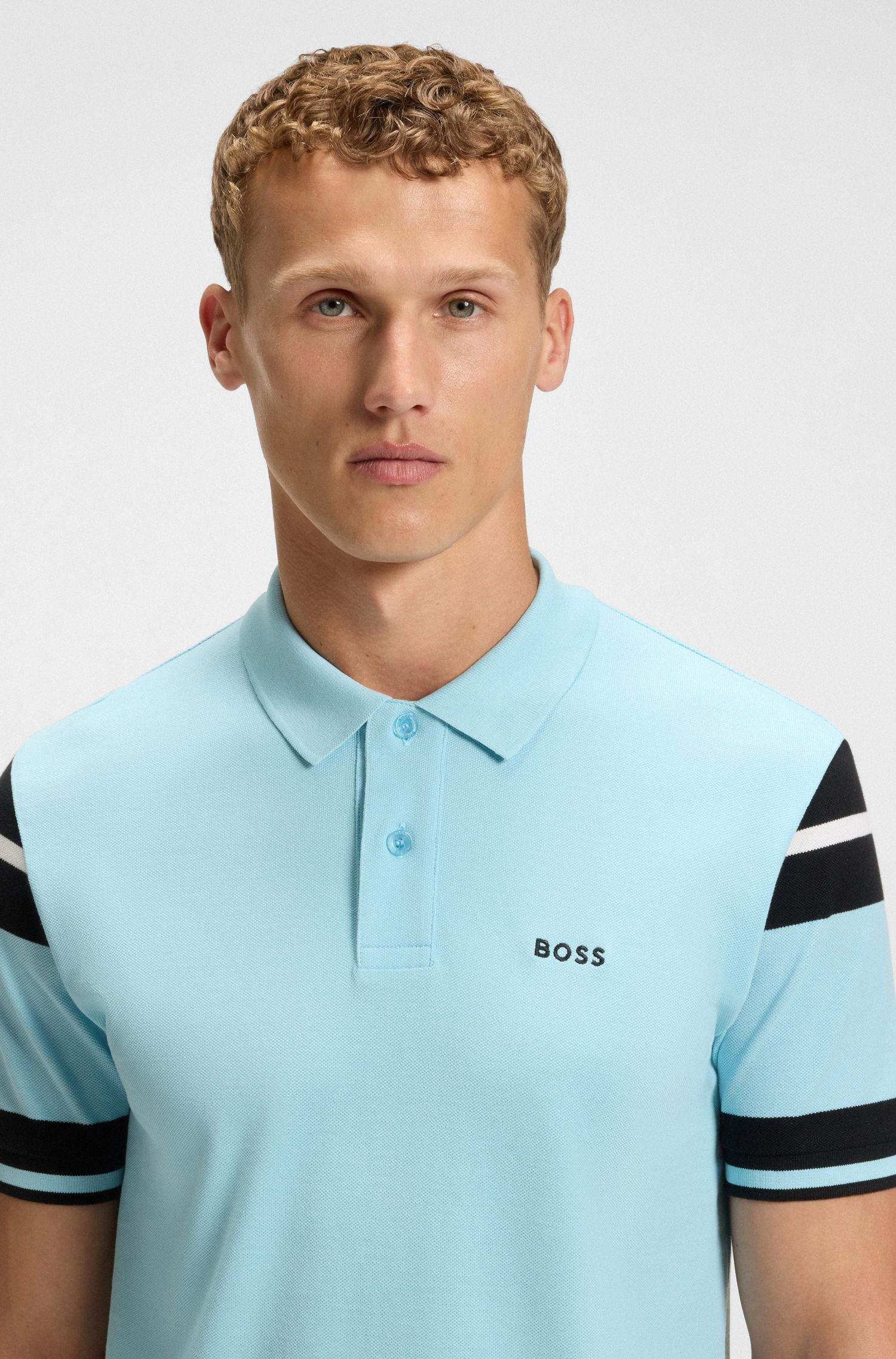 BOSS - Áo polo cotton regular-fit kẻ sọc khối