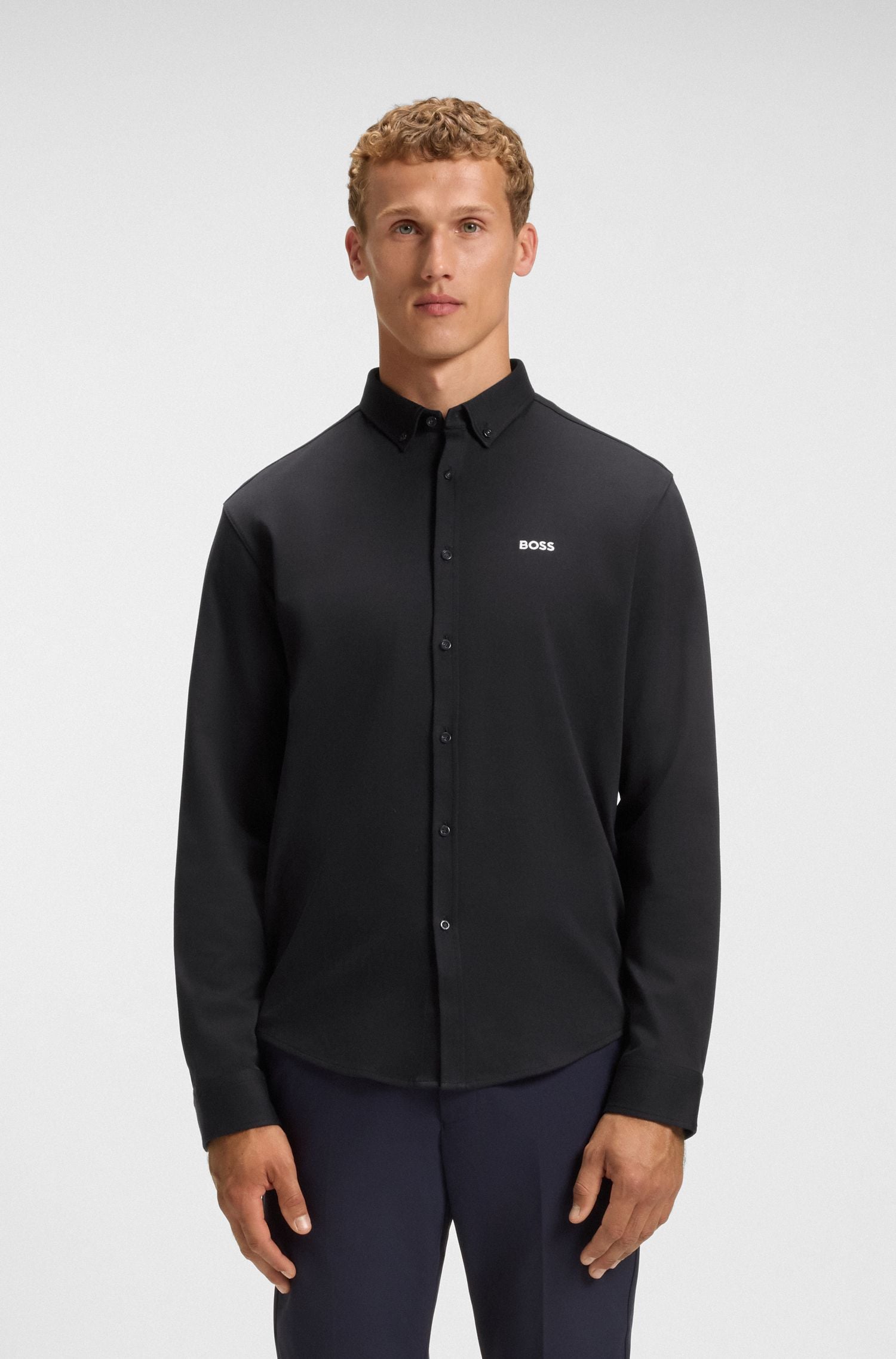 Áo sơ mi dáng regular fit vải cotton jersey co giãn