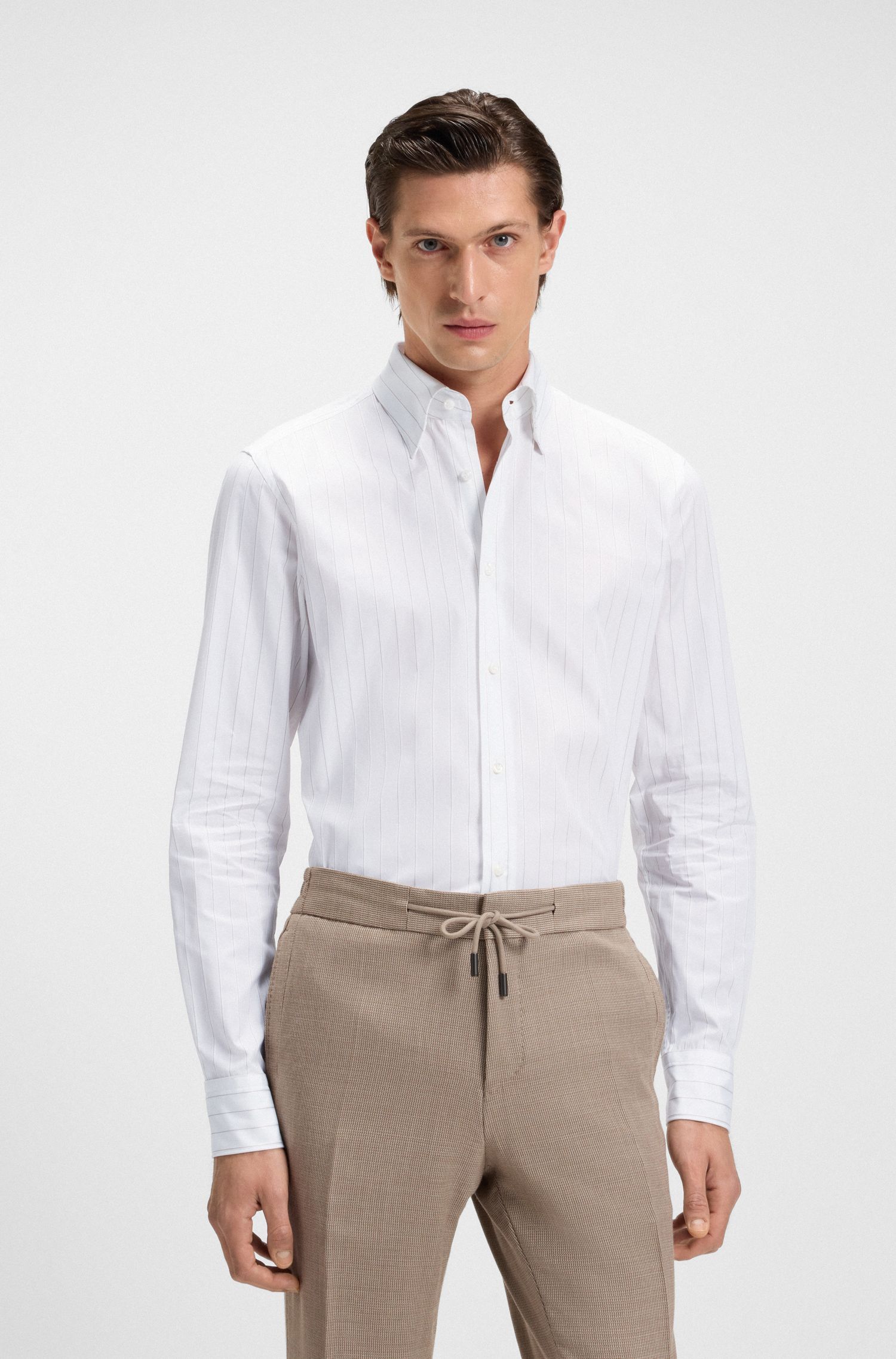 BOSS - Áo sơ mi dáng slim fit kẻ sọc vải cotton twill Ý