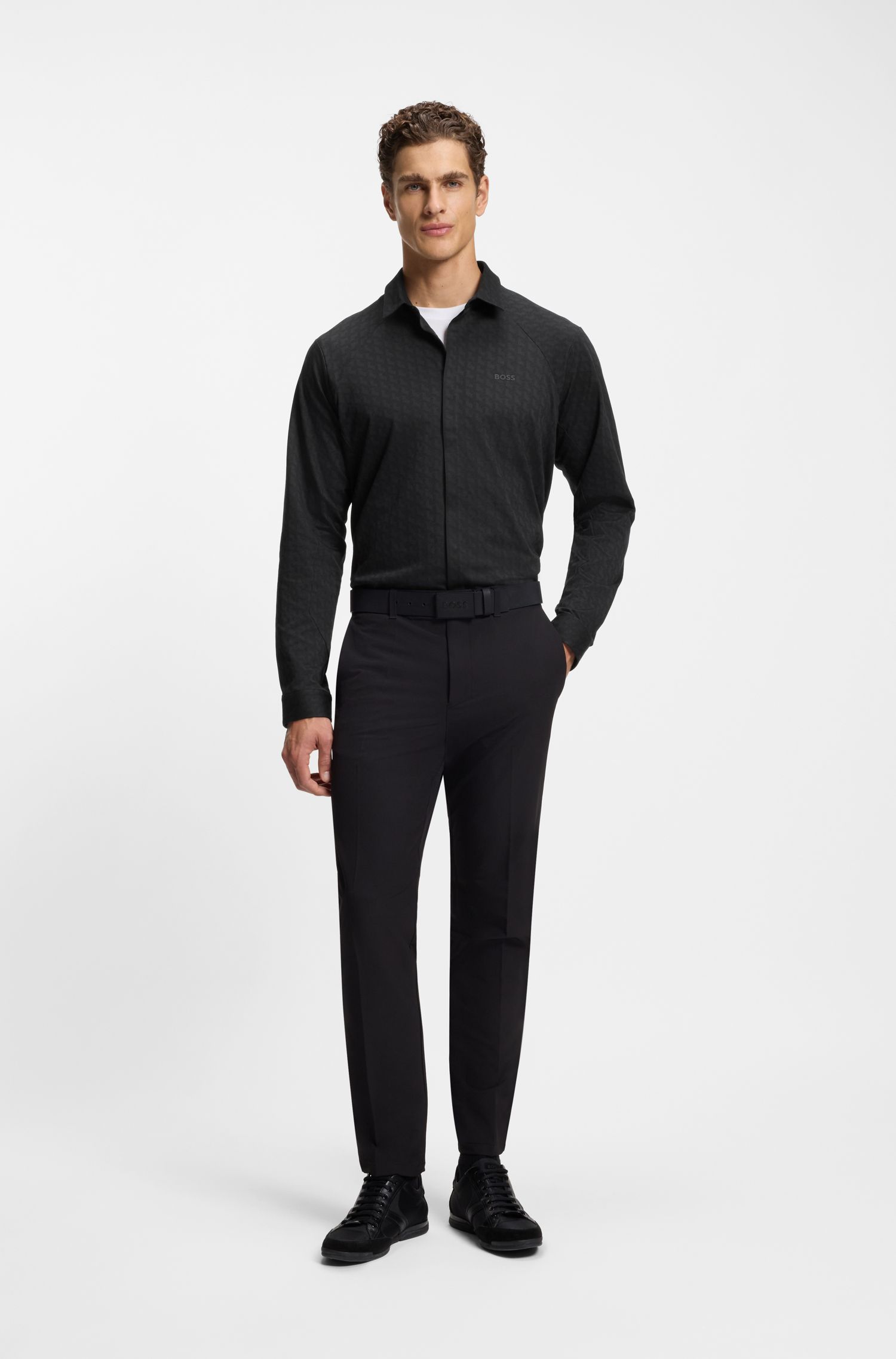 BOSS - Áo sơ mi dáng regular fit vải cotton piqué dệt kim
