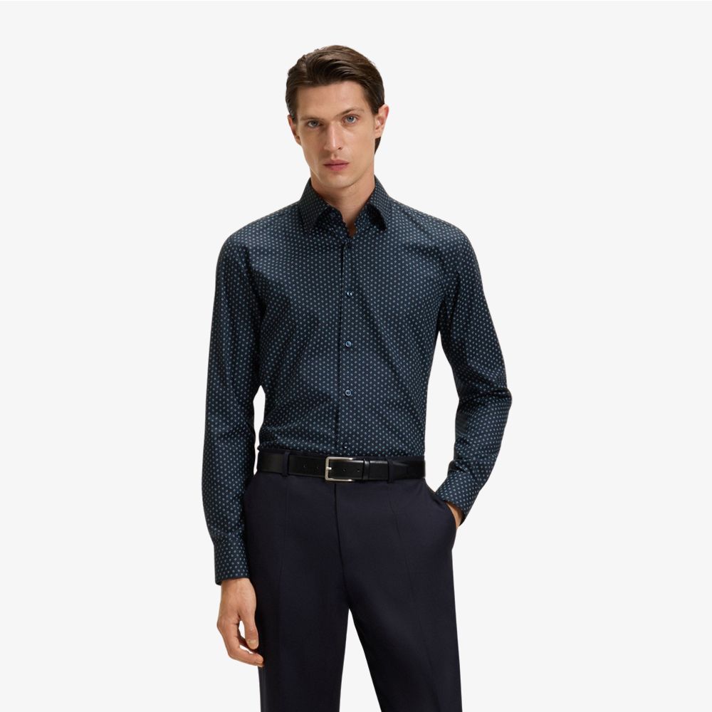 Áo sơ mi dáng slim fit vải cotton Oxford co giãn in họa tiết