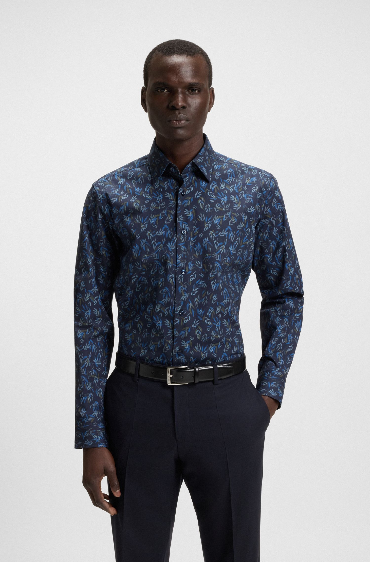Áo sơ mi dáng regular fit vải cotton poplin co giãn in họa tiết