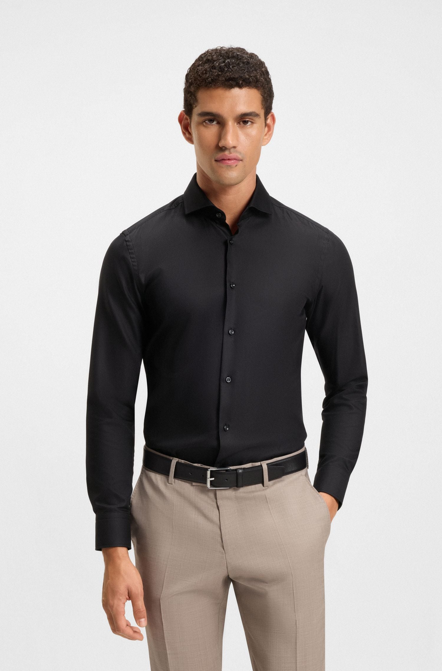 Áo sơ mi dáng slim-fit vải cotton Ý họa tiết siêu nhỏ