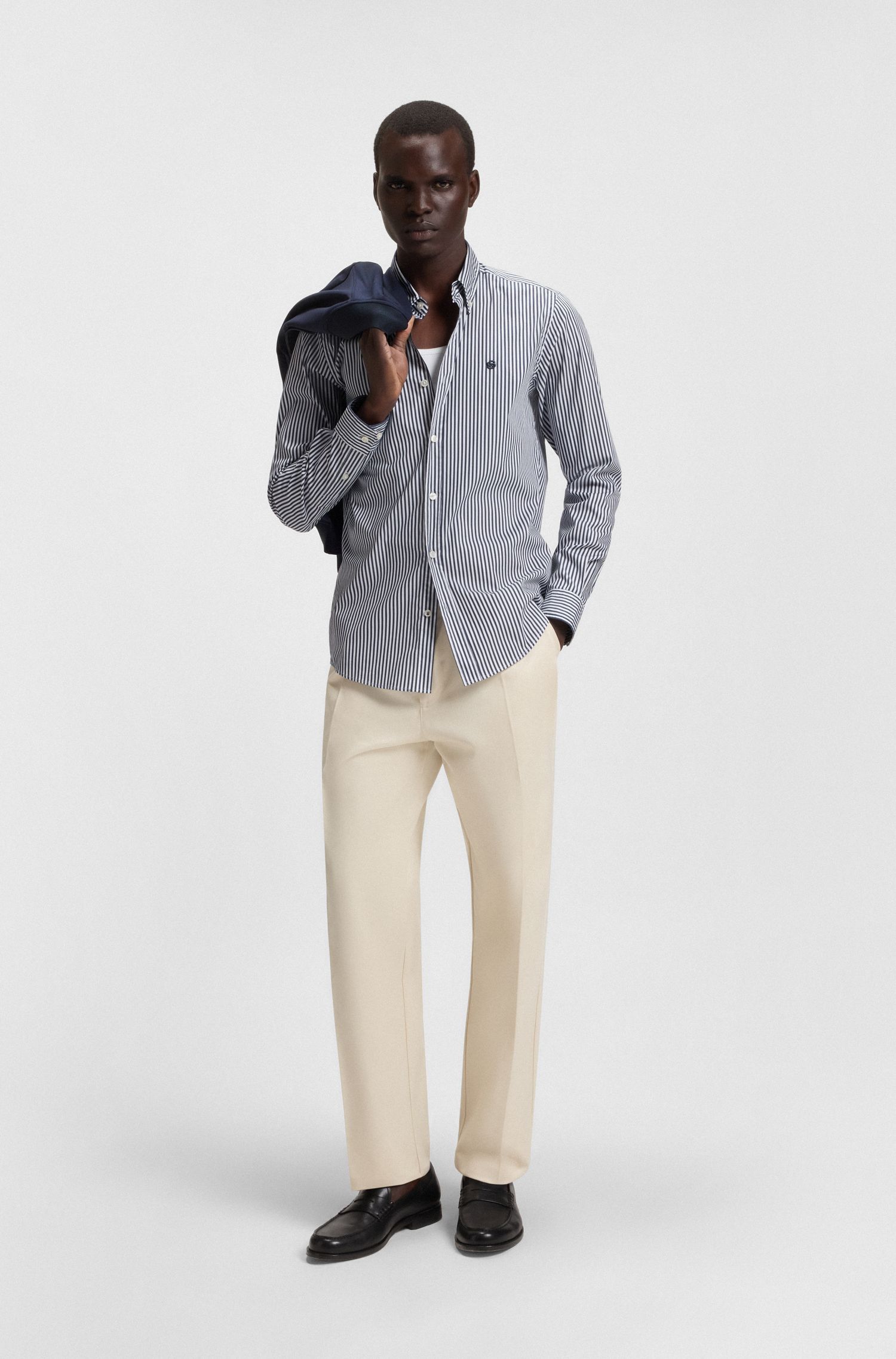 BOSS - Áo sơ mi ôm sọc pha cotton