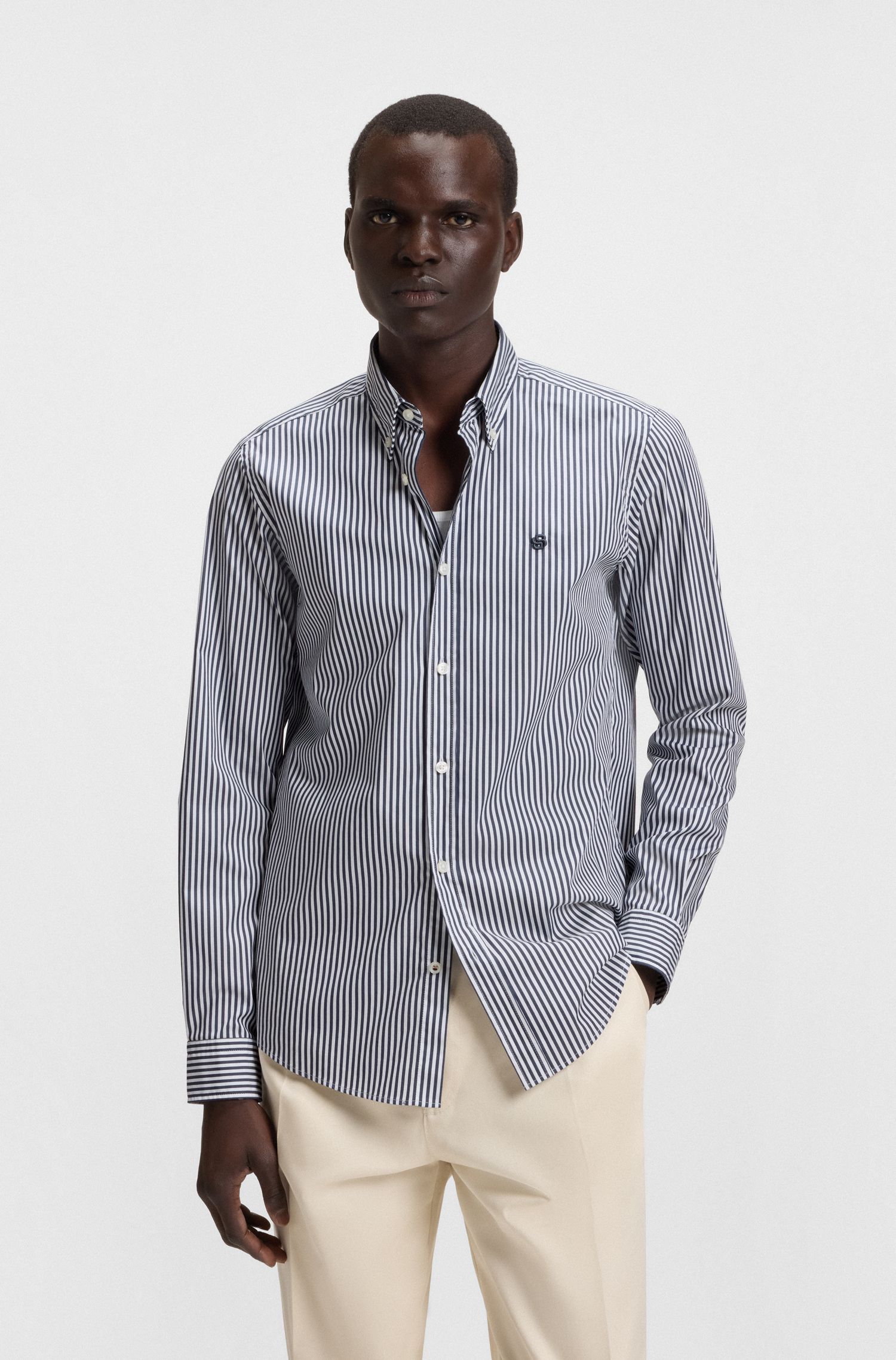 Áo sơ mi ôm sọc pha cotton