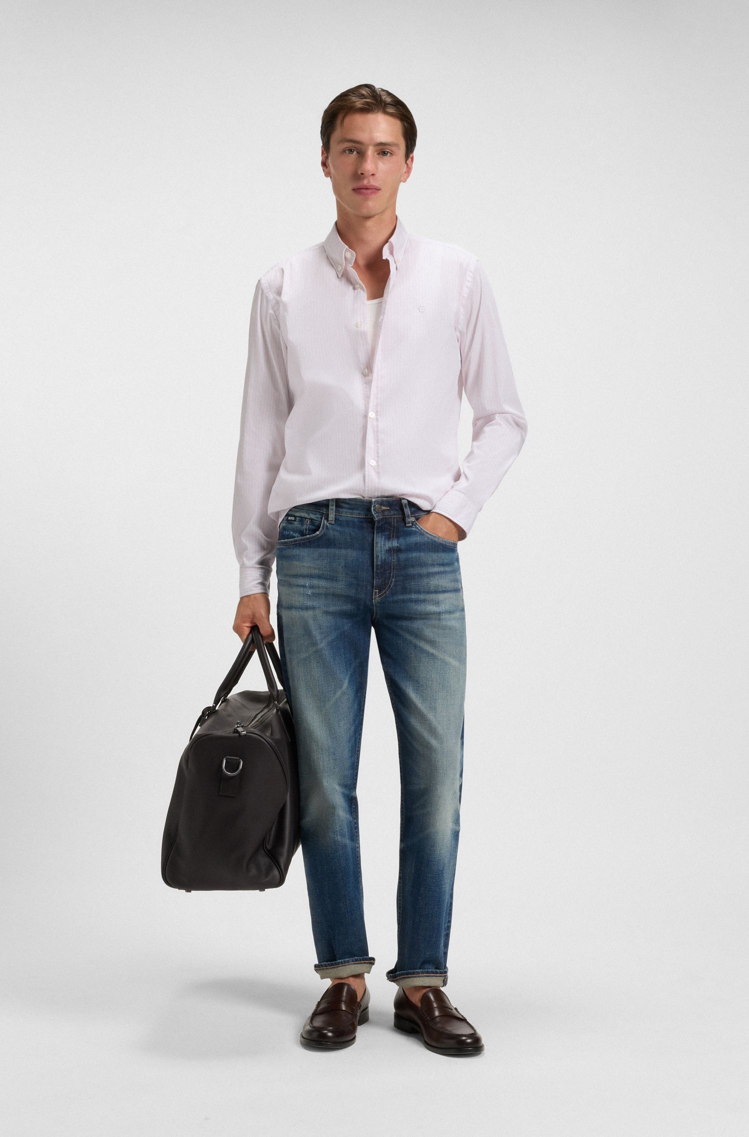 BOSS - Áo sơ mi ôm sọc pha cotton