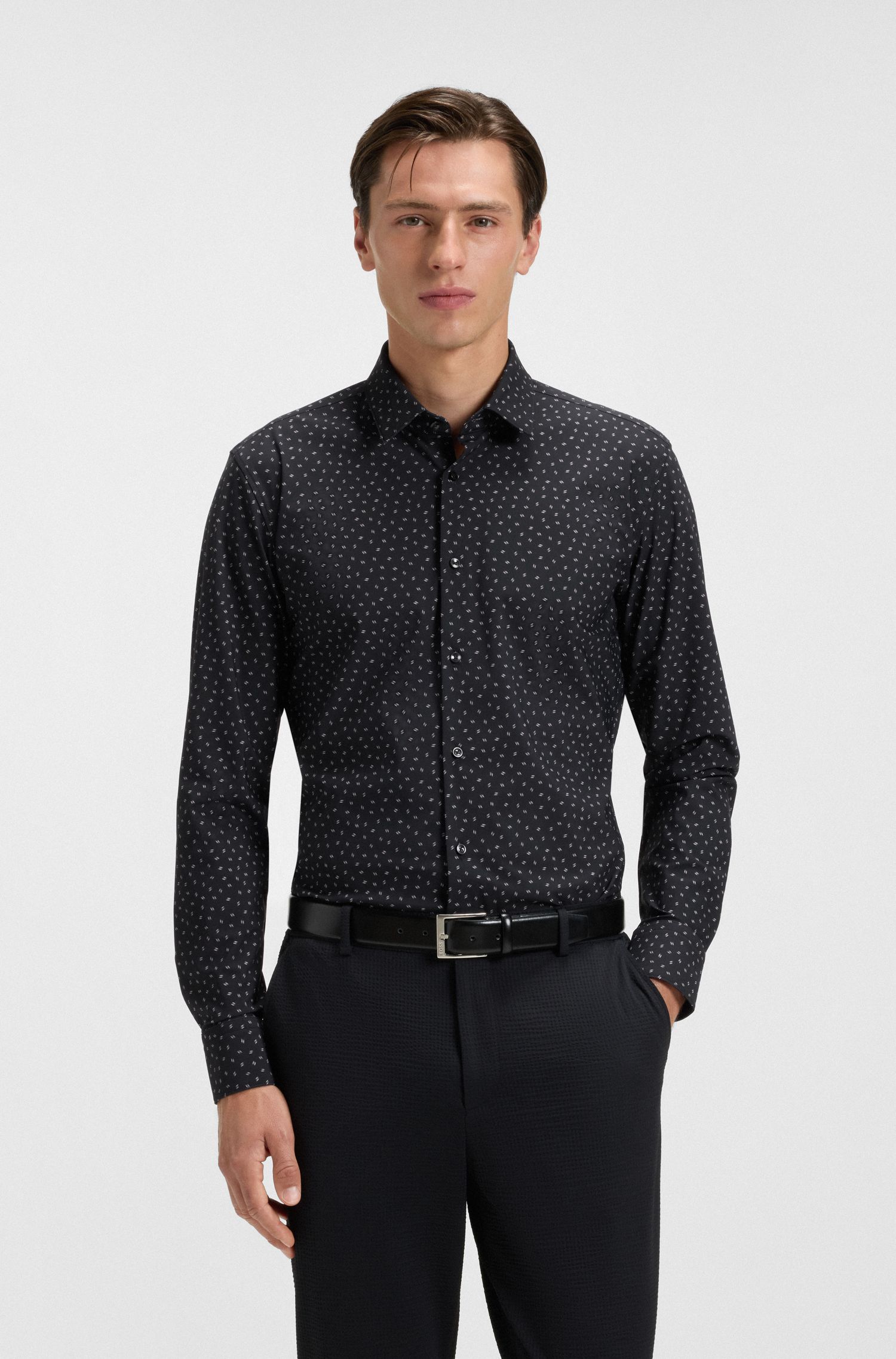 BOSS - Áo sơ mi dáng slim-fit vải jersey co giãn hiệu suất in họa tiết