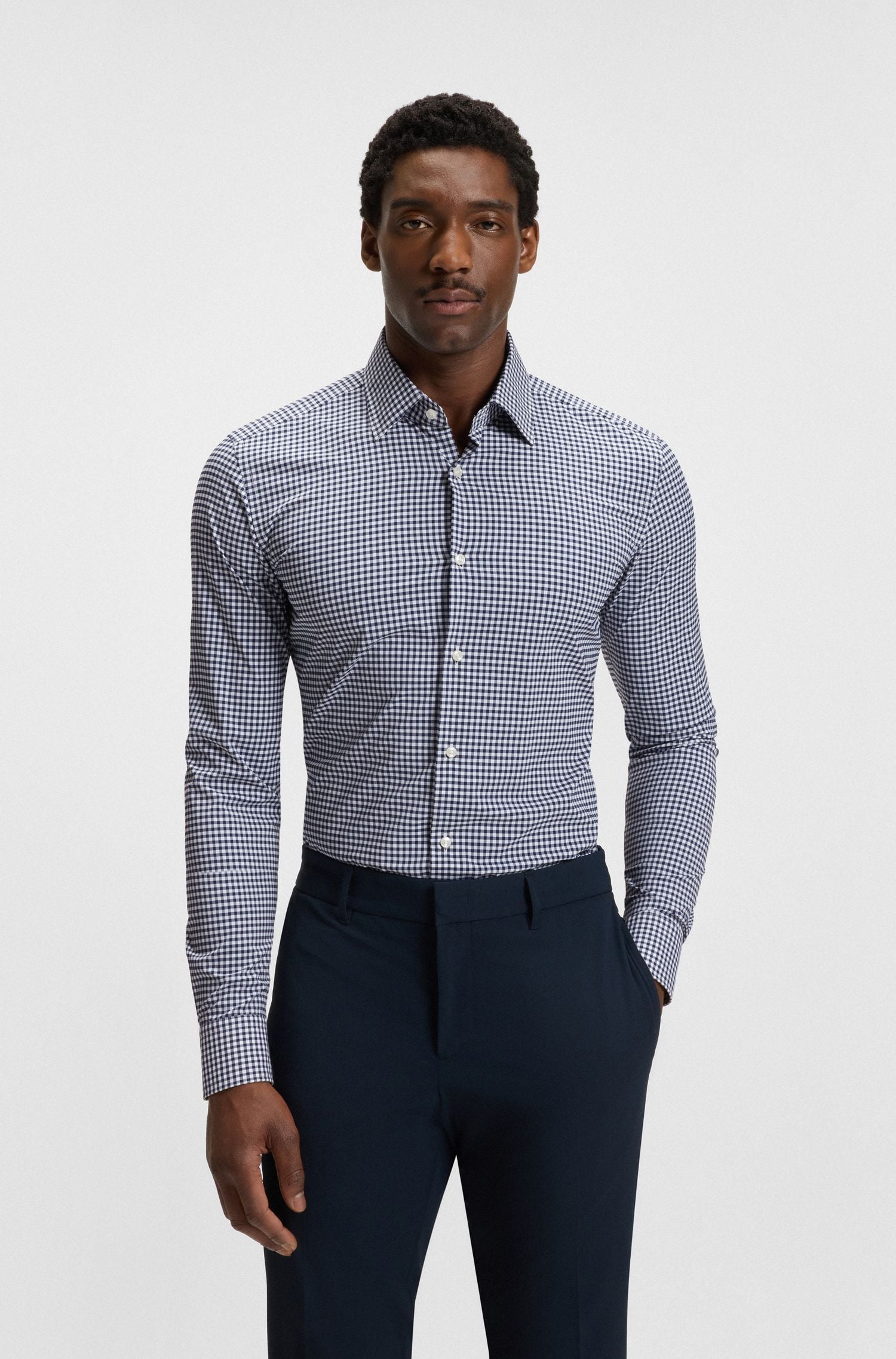 Áo sơ mi dáng slim fit vải poplin kẻ co giãn hiệu năng