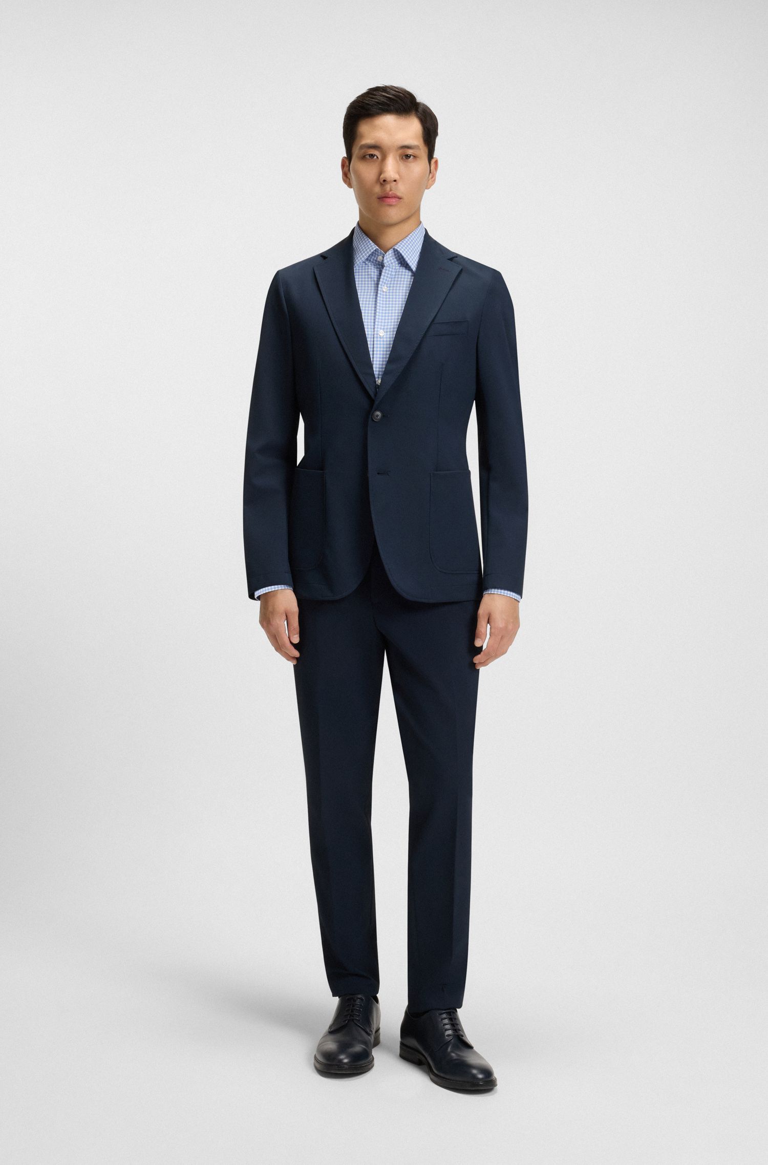 BOSS - Áo sơ mi dáng slim fit vải poplin kẻ co giãn hiệu năng