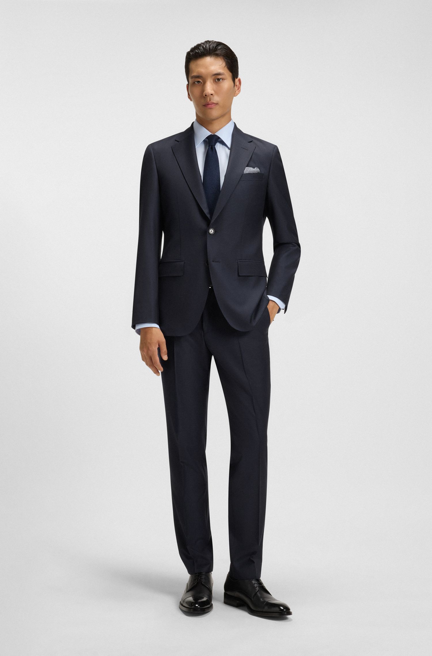 BOSS - Bộ suit dáng extra-slim fit vải len co giãn họa tiết nhỏ