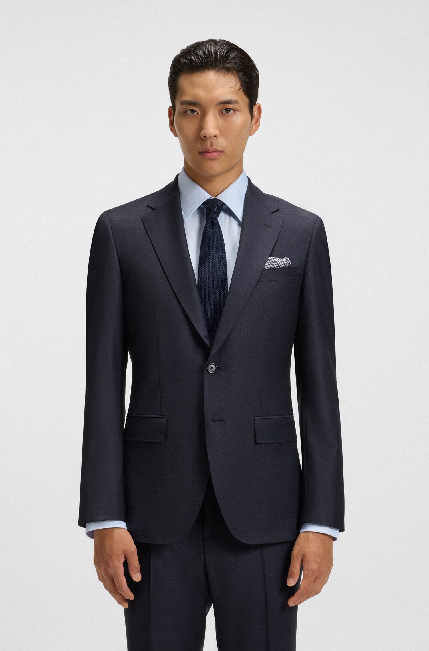 BOSS - Bộ suit dáng extra-slim fit vải len co giãn họa tiết nhỏ