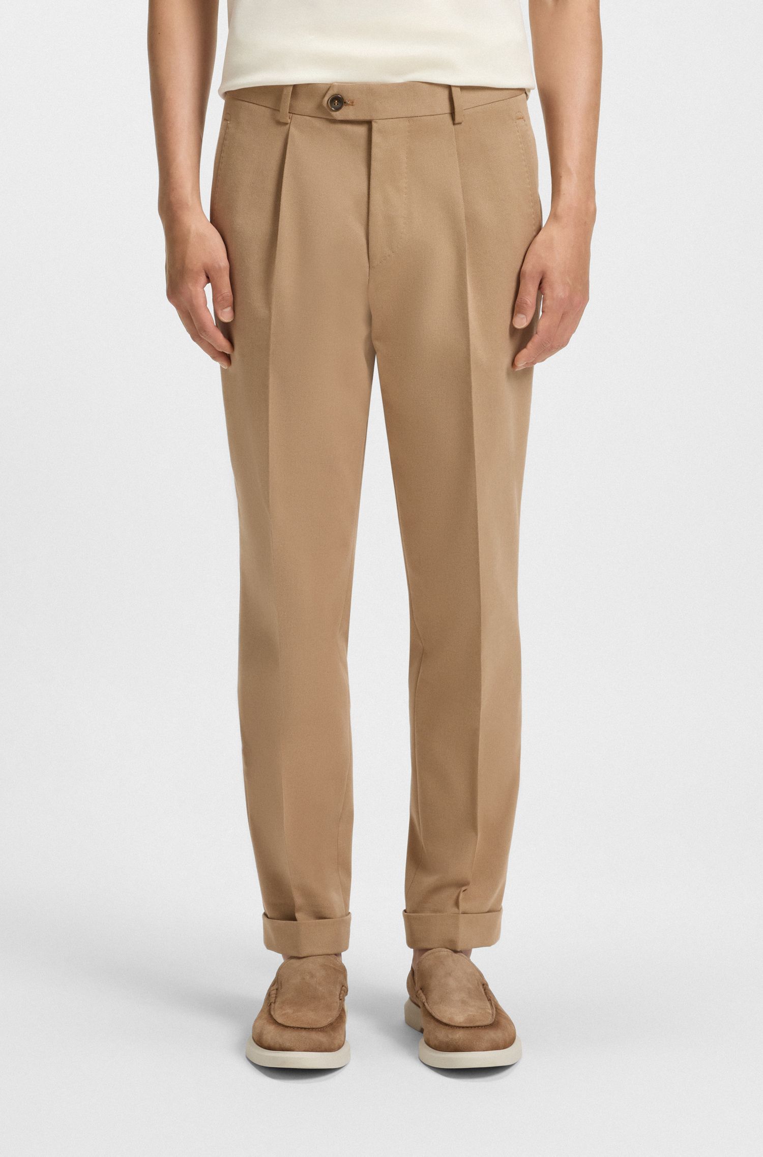 BOSS - Quần âu dáng relaxed fit vải cotton twill pha