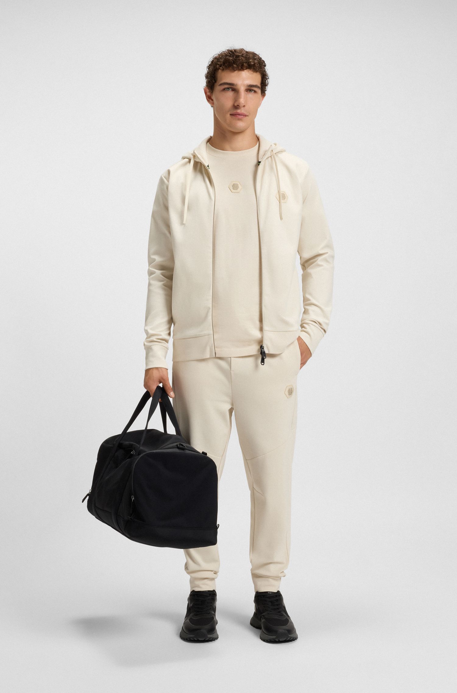 BOSS - Áo hoodie dáng relaxed fit vải cotton pha với họa tiết Double B monogram
