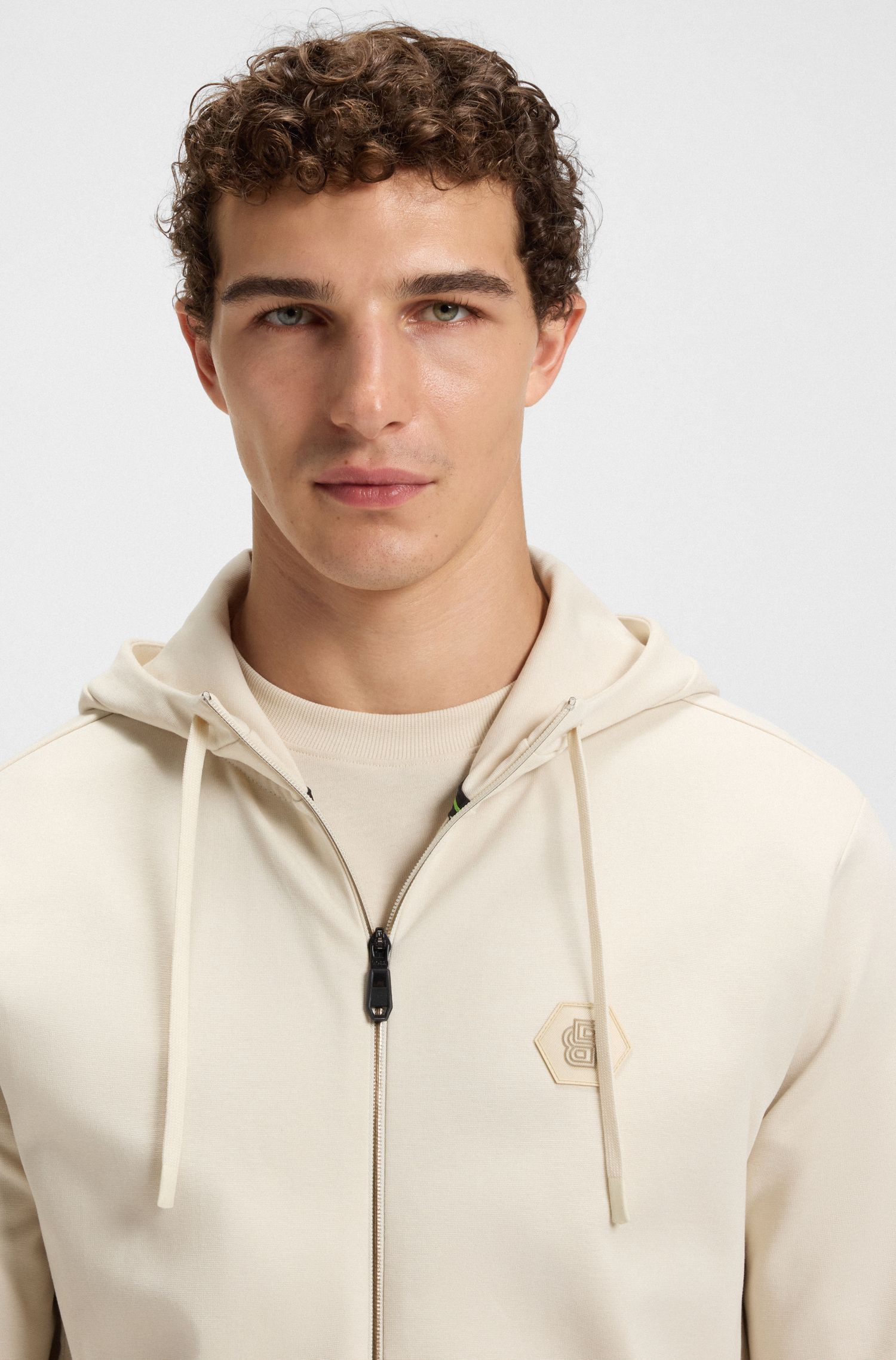 BOSS - Áo hoodie dáng relaxed fit vải cotton pha với họa tiết Double B monogram
