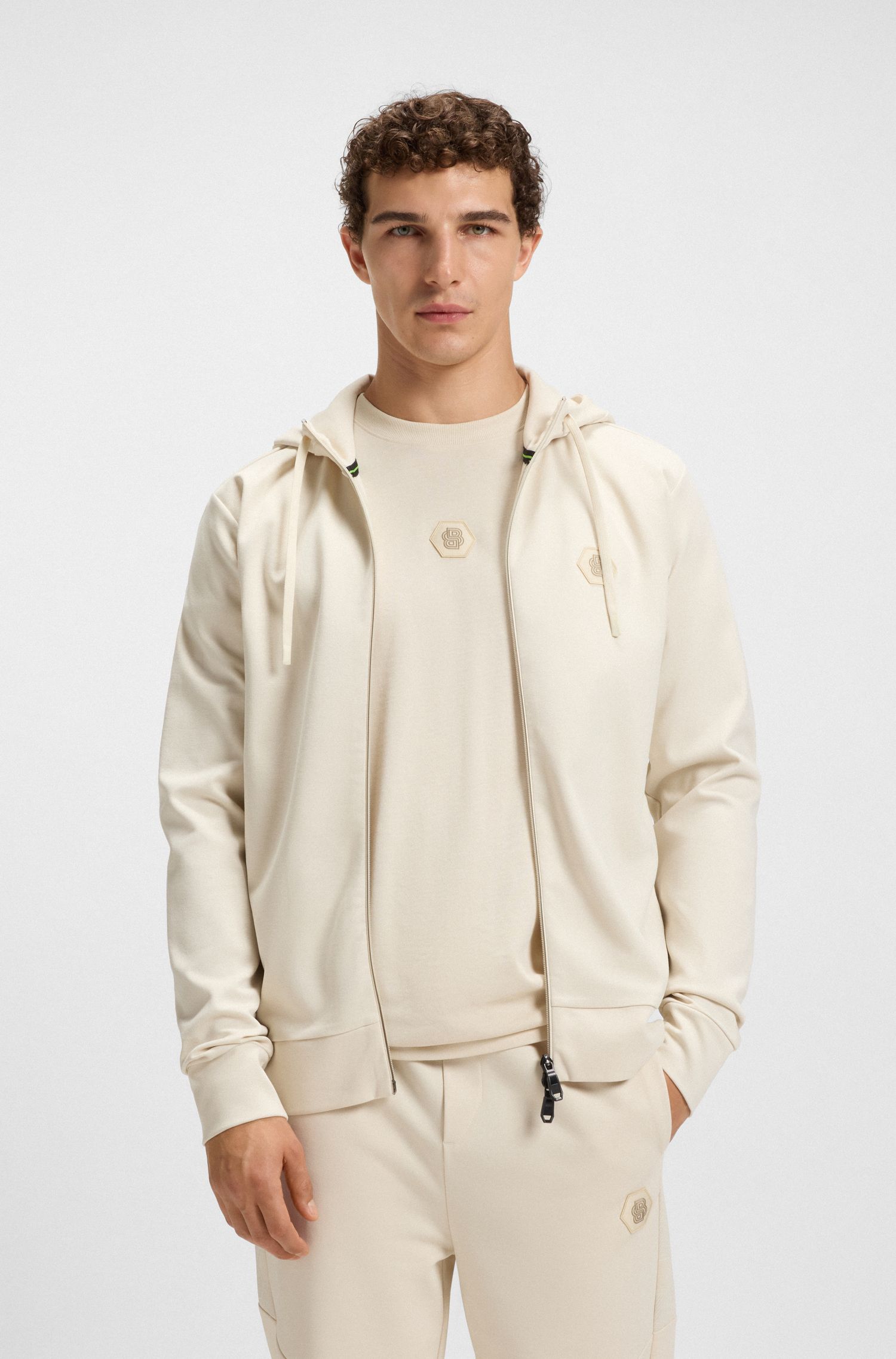 BOSS - Áo hoodie dáng relaxed fit vải cotton pha với họa tiết Double B monogram
