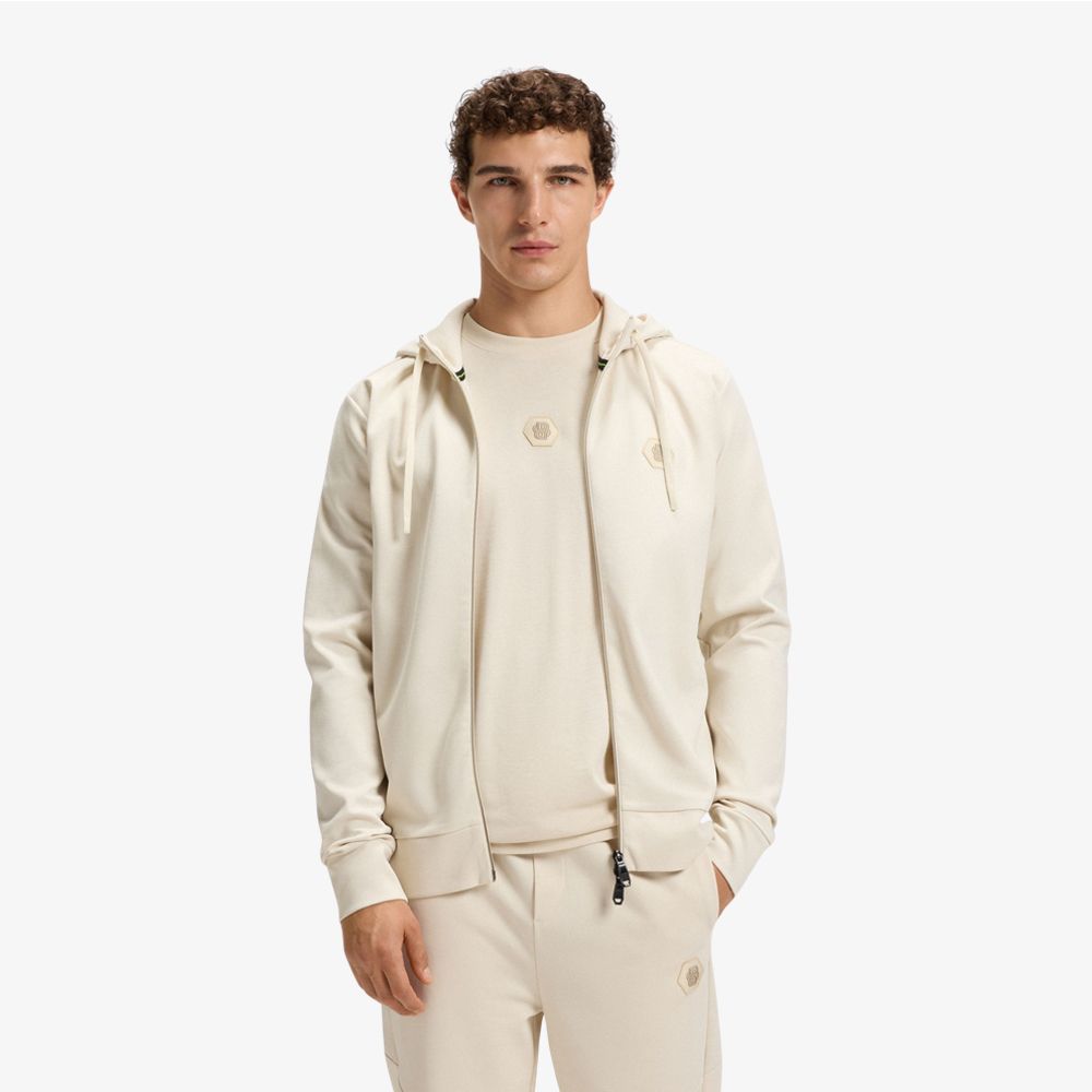BOSS - Áo hoodie dáng relaxed fit vải cotton pha với họa tiết Double B monogram