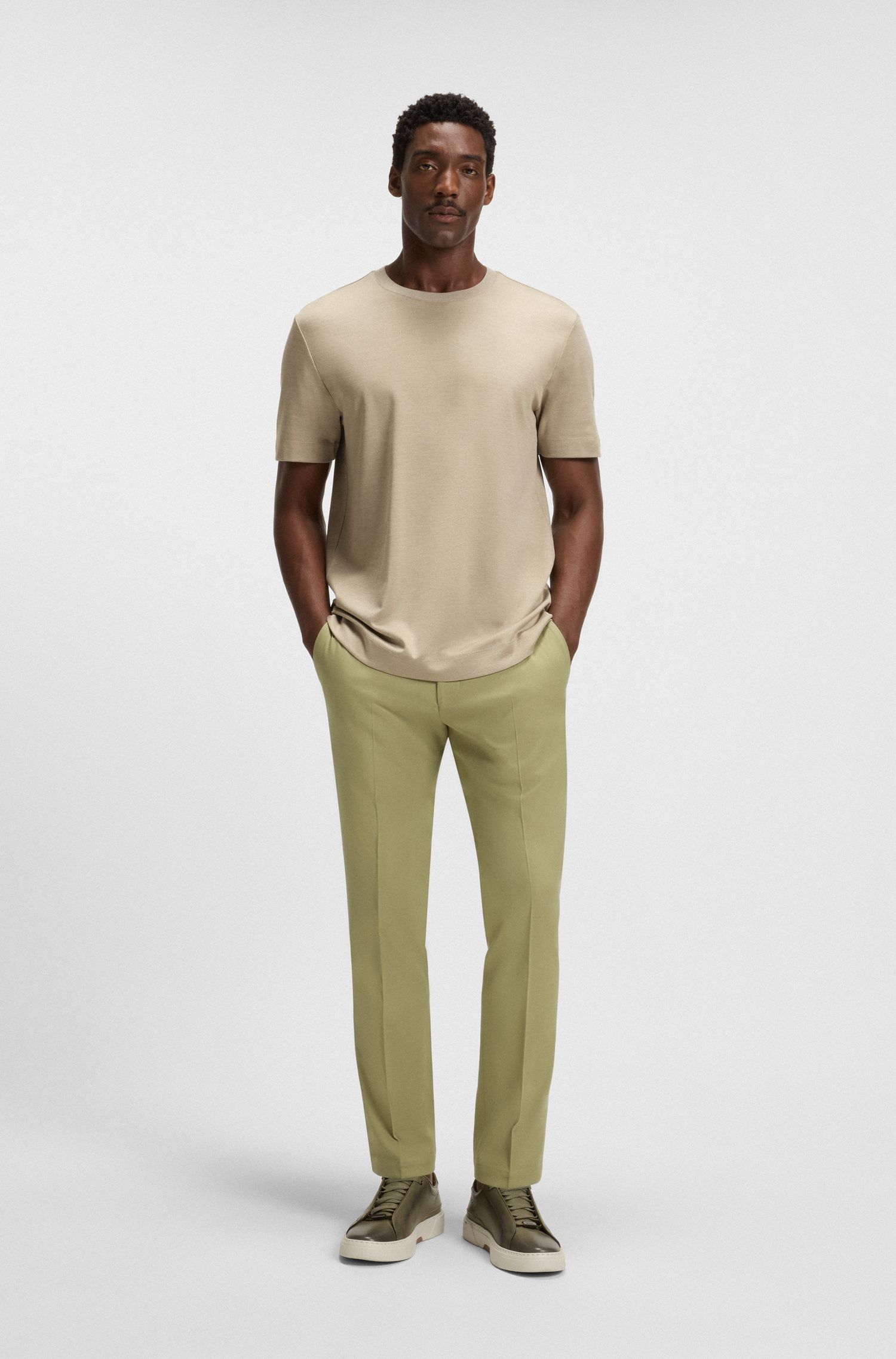 BOSS - Quần âu dáng slim fit vải cotton 2 mặt co giãn