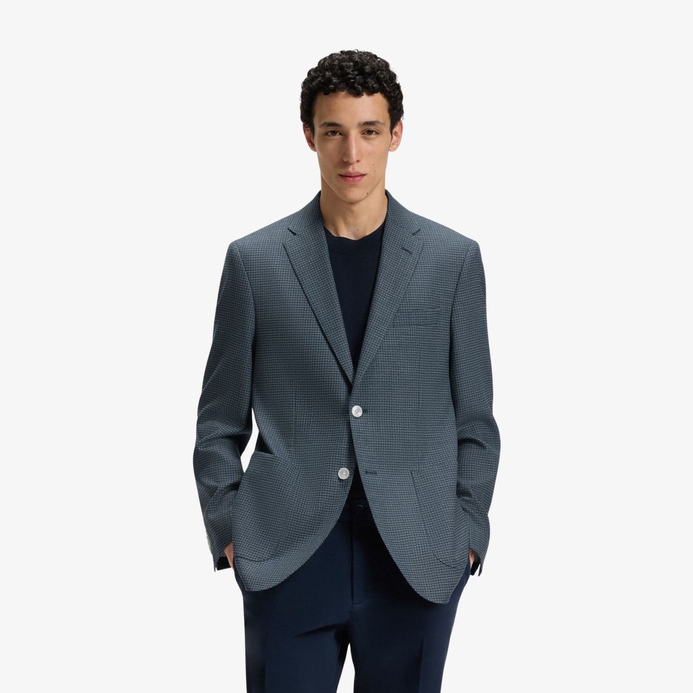 BOSS - Áo blazer dáng regular-fit vải len pha họa tiết