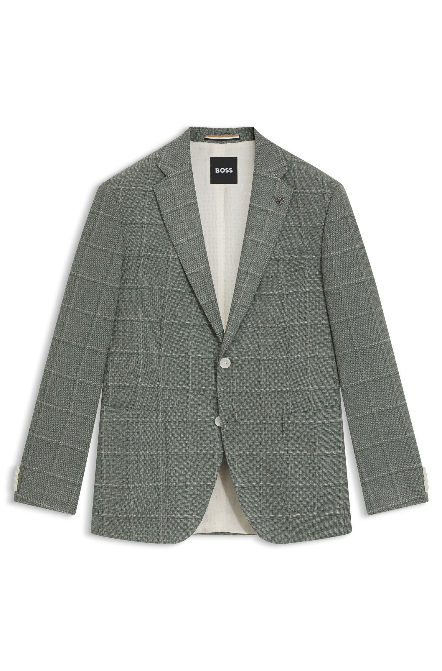 BOSS - Áo blazer dáng regular fit vải len pha kẻ caro