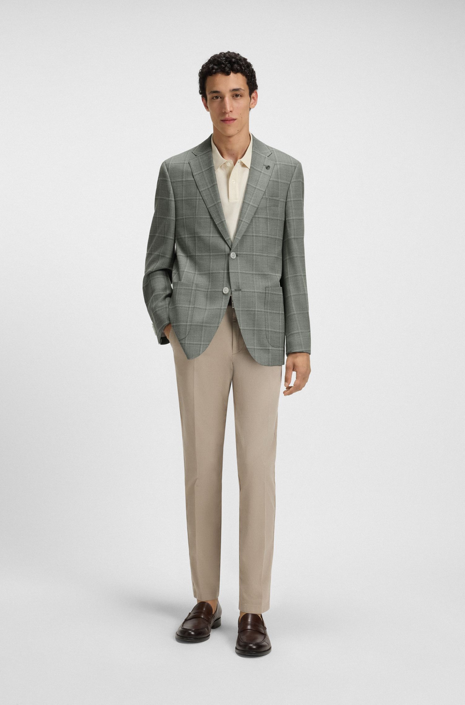 BOSS - Áo blazer dáng regular fit vải len pha kẻ caro