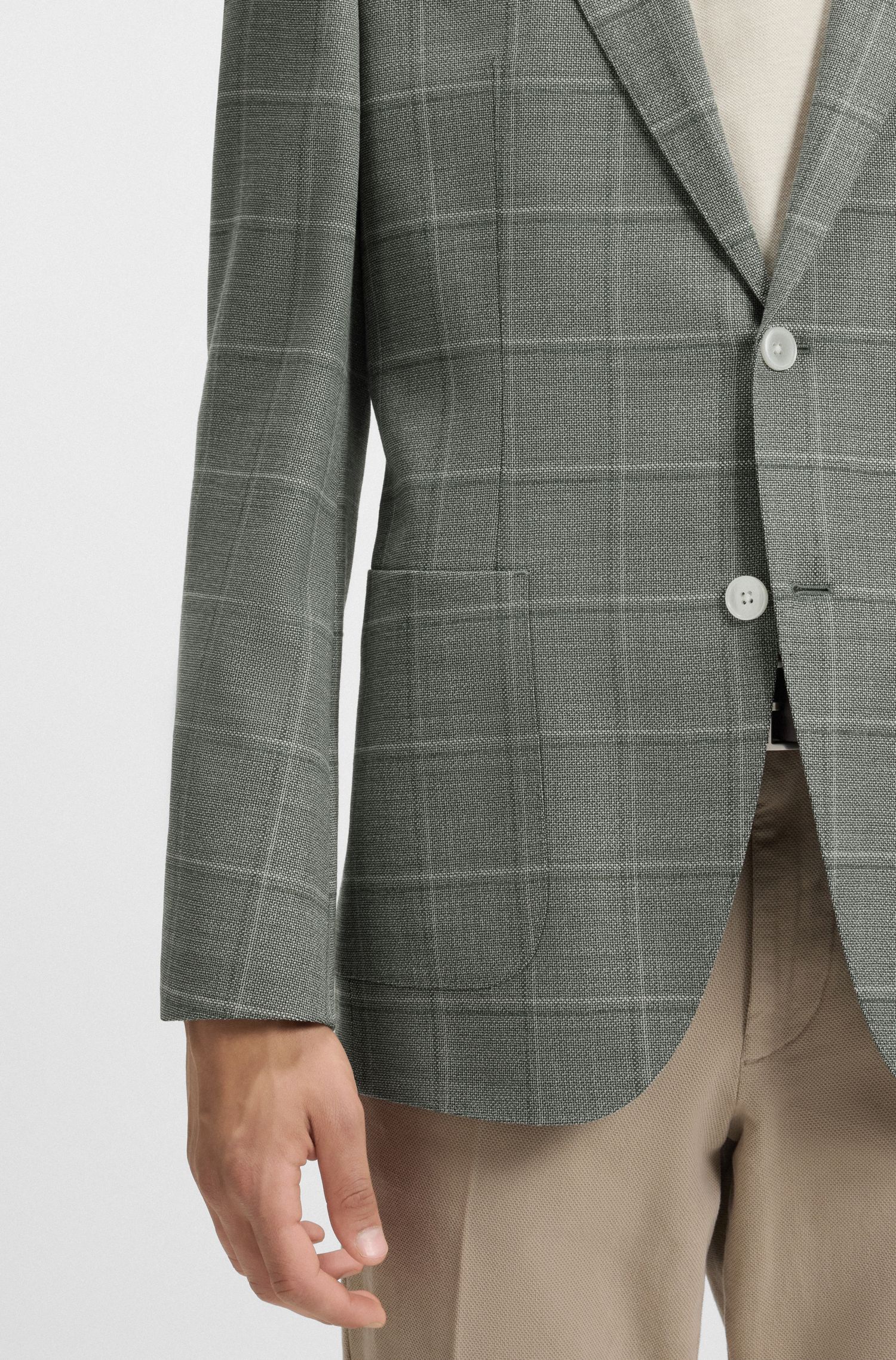 BOSS - Áo blazer dáng regular fit vải len pha kẻ caro