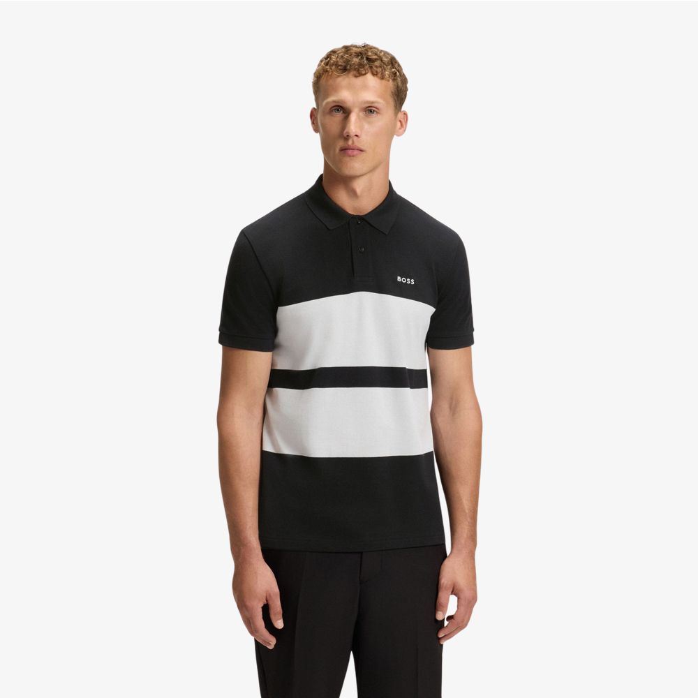 BOSS - Áo polo cotton piqué kẻ sọc khối