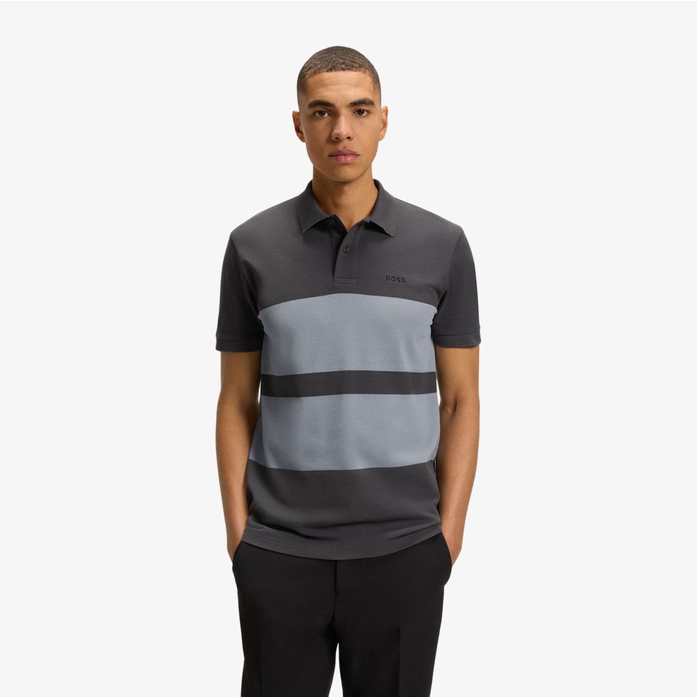 BOSS - Áo polo cotton piqué kẻ sọc khối