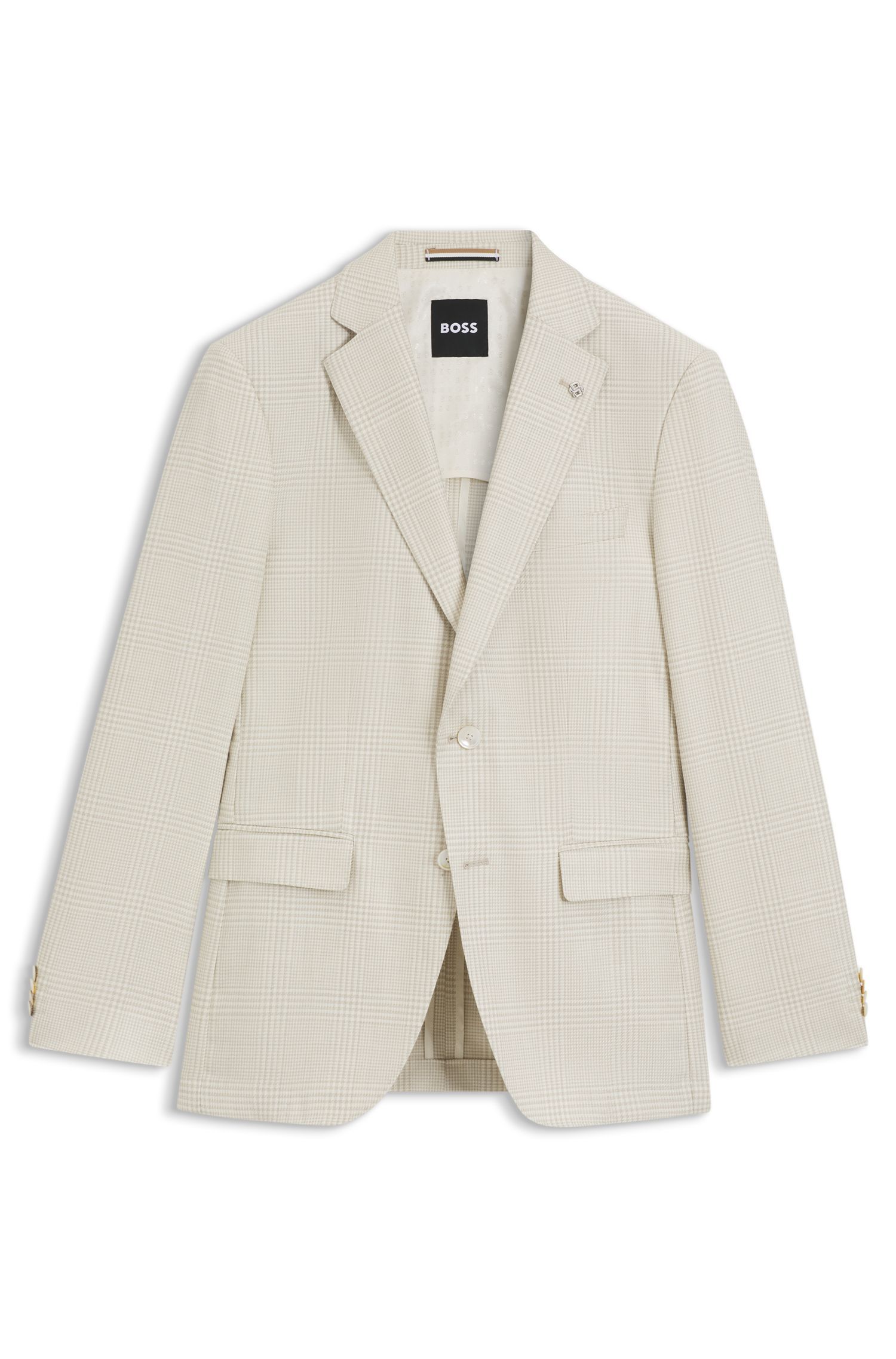 BOSS - Áo blazer dáng slim fit vải len pha lụa linen kẻ caro
