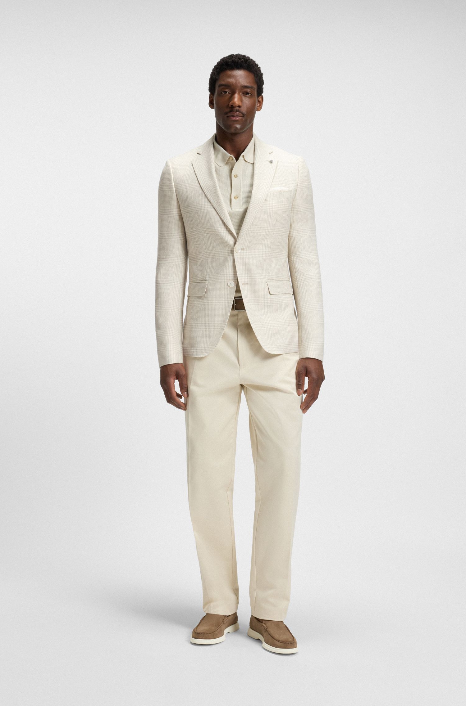 BOSS - Áo blazer dáng slim fit vải len pha lụa linen kẻ caro