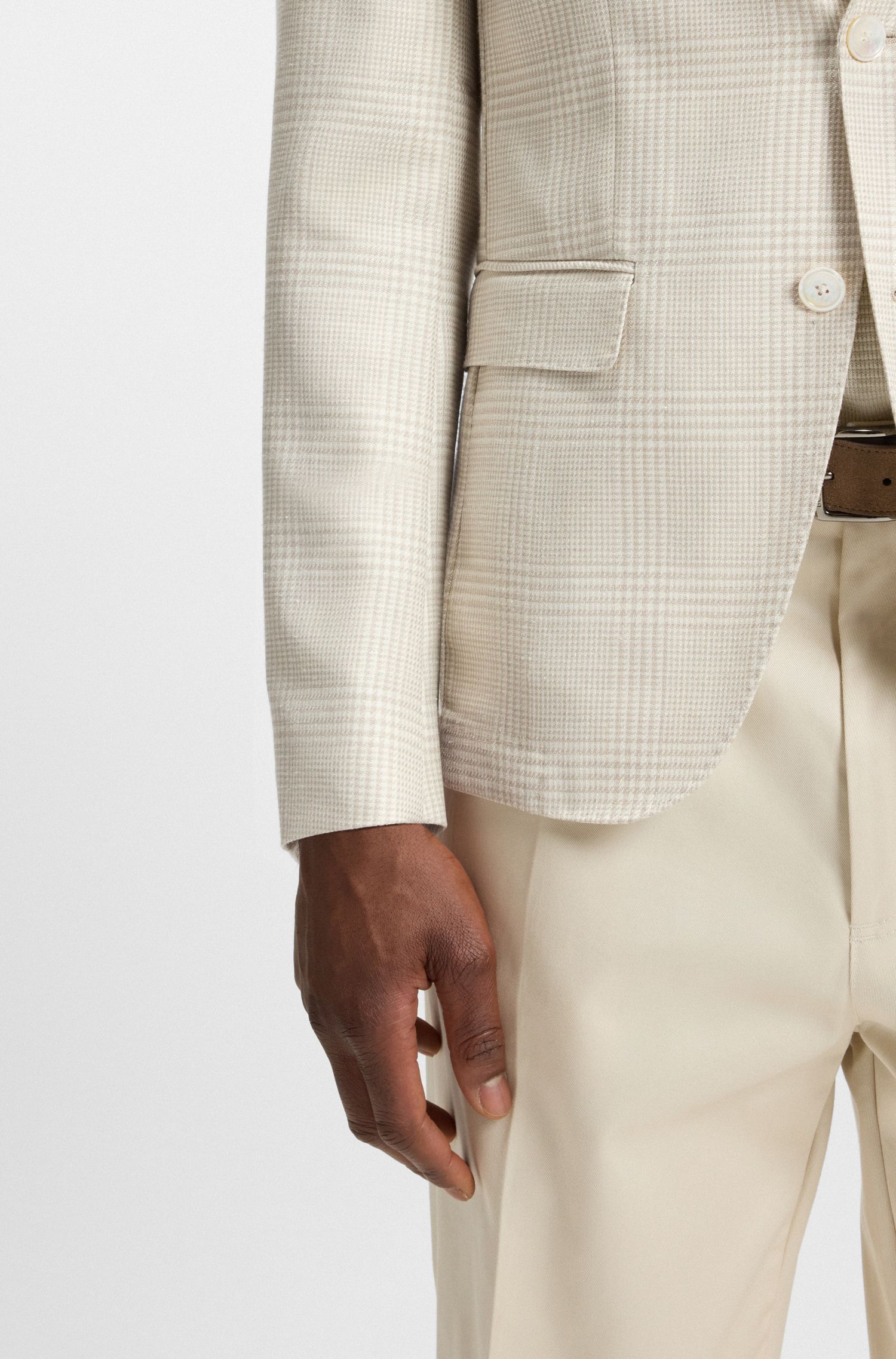 BOSS - Áo blazer dáng slim fit vải len pha lụa linen kẻ caro
