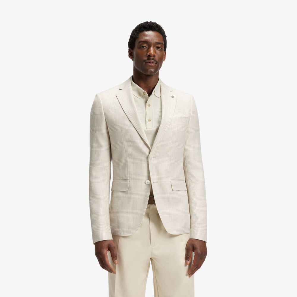 BOSS - Áo blazer dáng slim fit vải len pha lụa linen kẻ caro