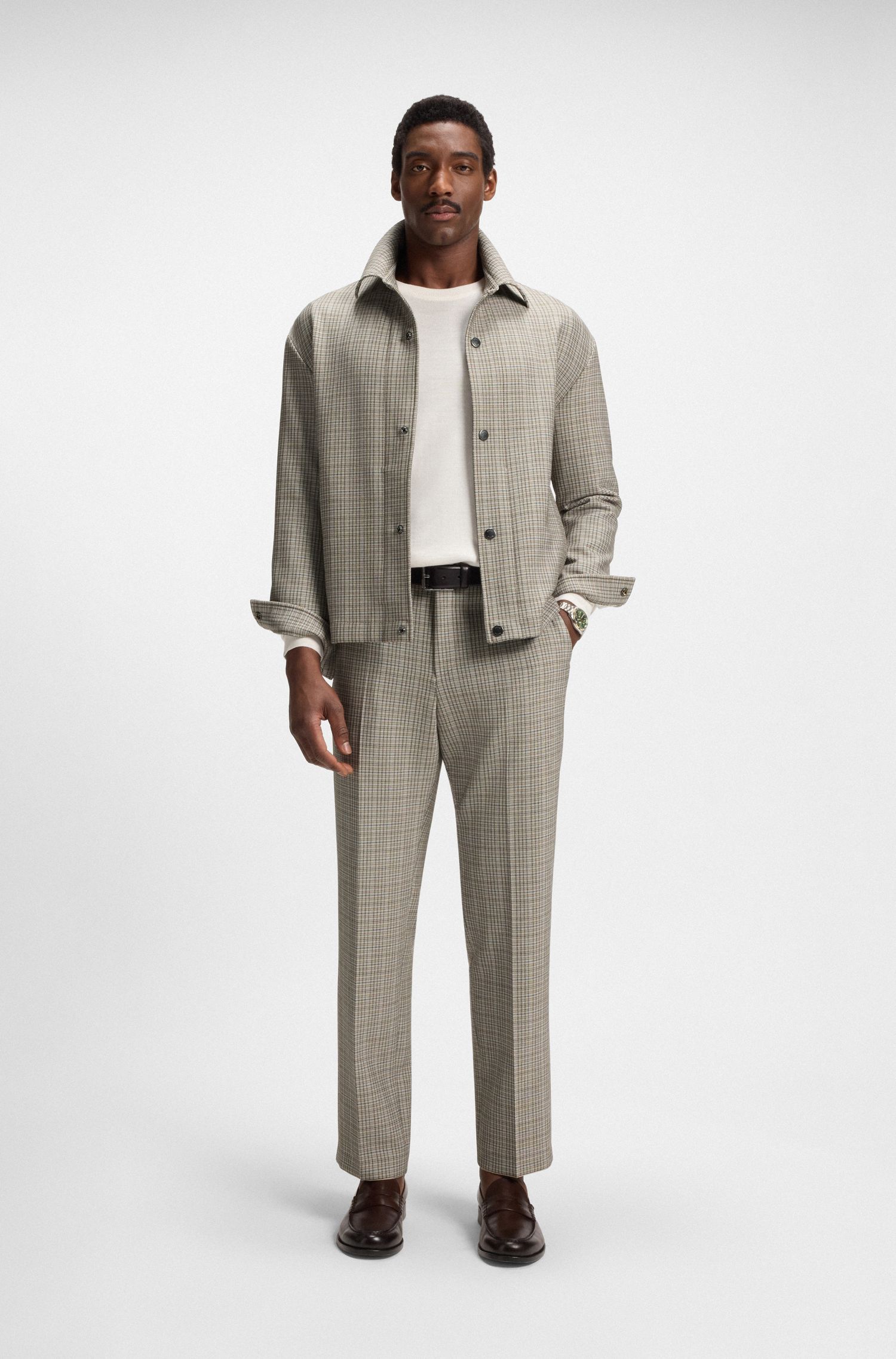 BOSS - Áo khoác dáng relaxed fit vải cotton co giãn kẻ caro