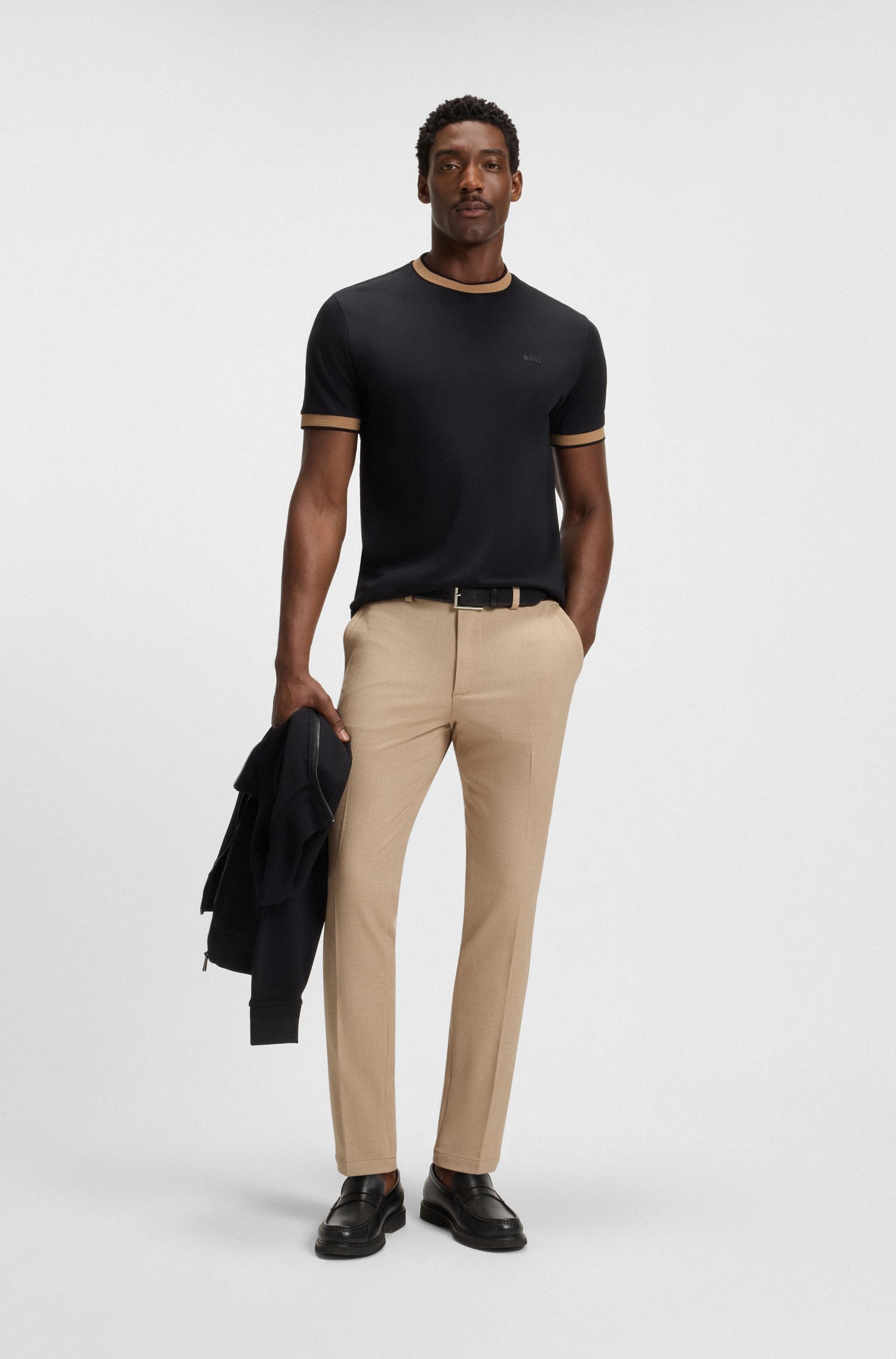 BOSS - Quần âu dáng slim fit vải pha co giãn melange